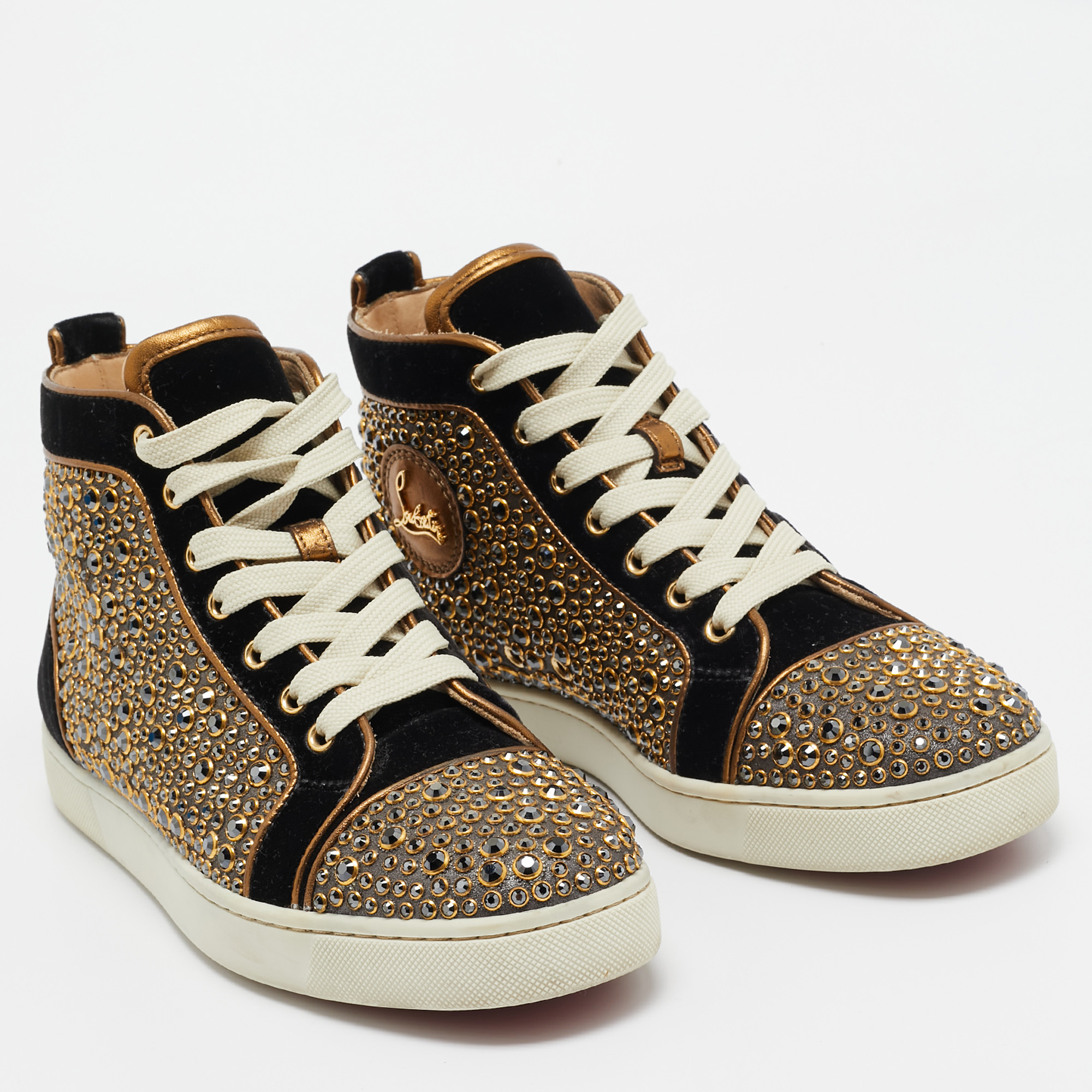 Christian Louboutin Black/Gold Velvet Studded Louis Sneakers Size 40