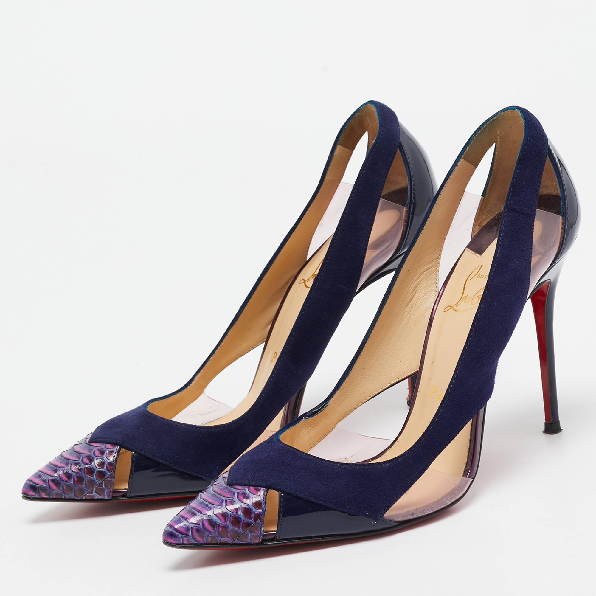 Christian Louboutin Navy Blue Suede And Python Leather Galata Pointed Toe Cutout Pumps Size 37.5