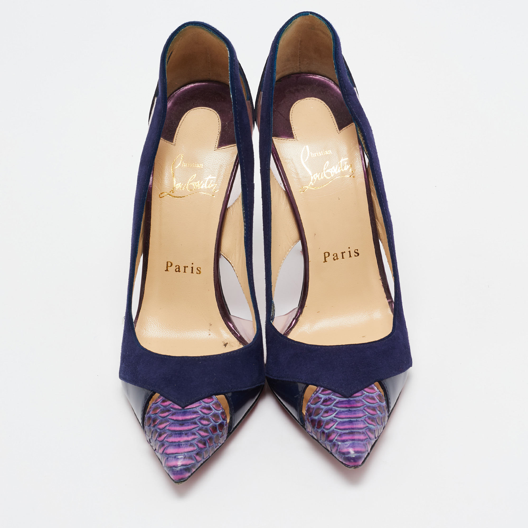 Christian Louboutin Navy Blue Suede And Python Leather Galata Pointed Toe Cutout Pumps Size 37.5