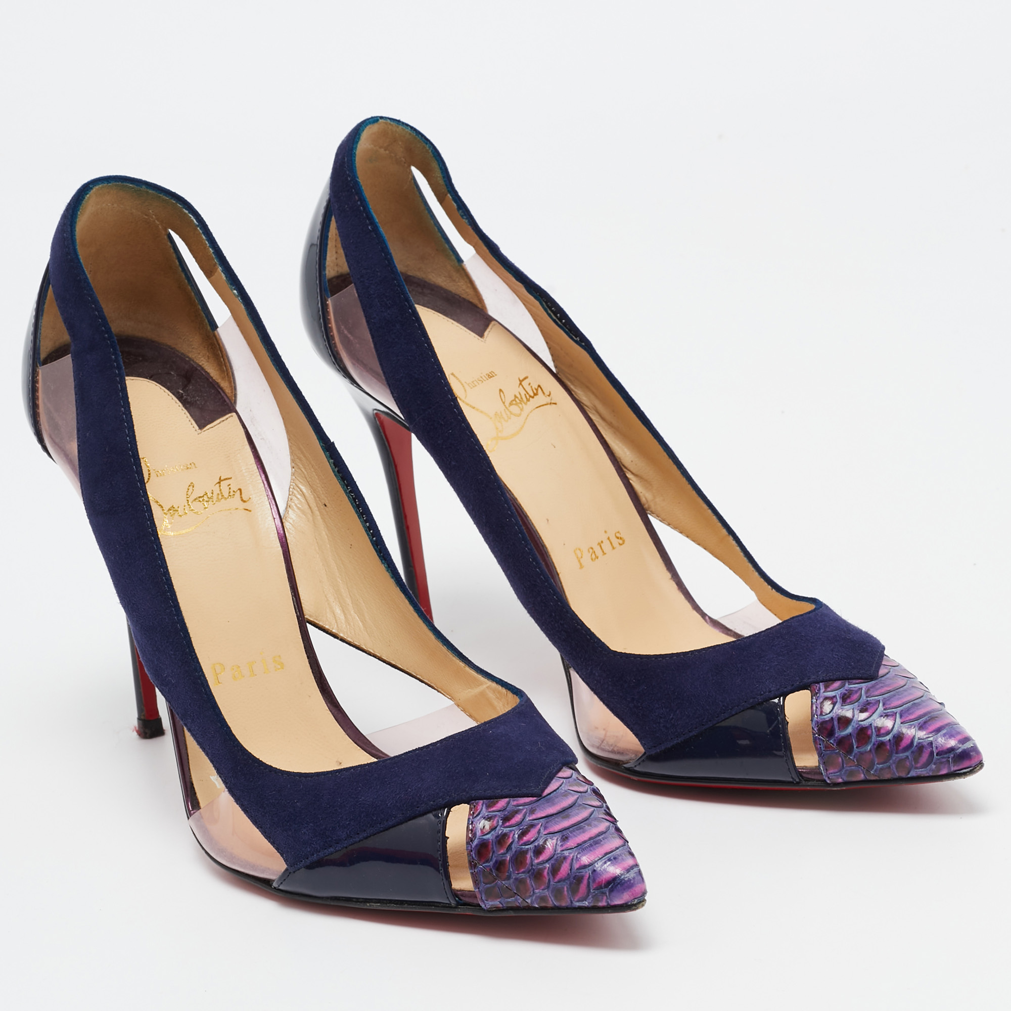 Christian Louboutin Navy Blue Suede And Python Leather Galata Pointed Toe Cutout Pumps Size 37.5