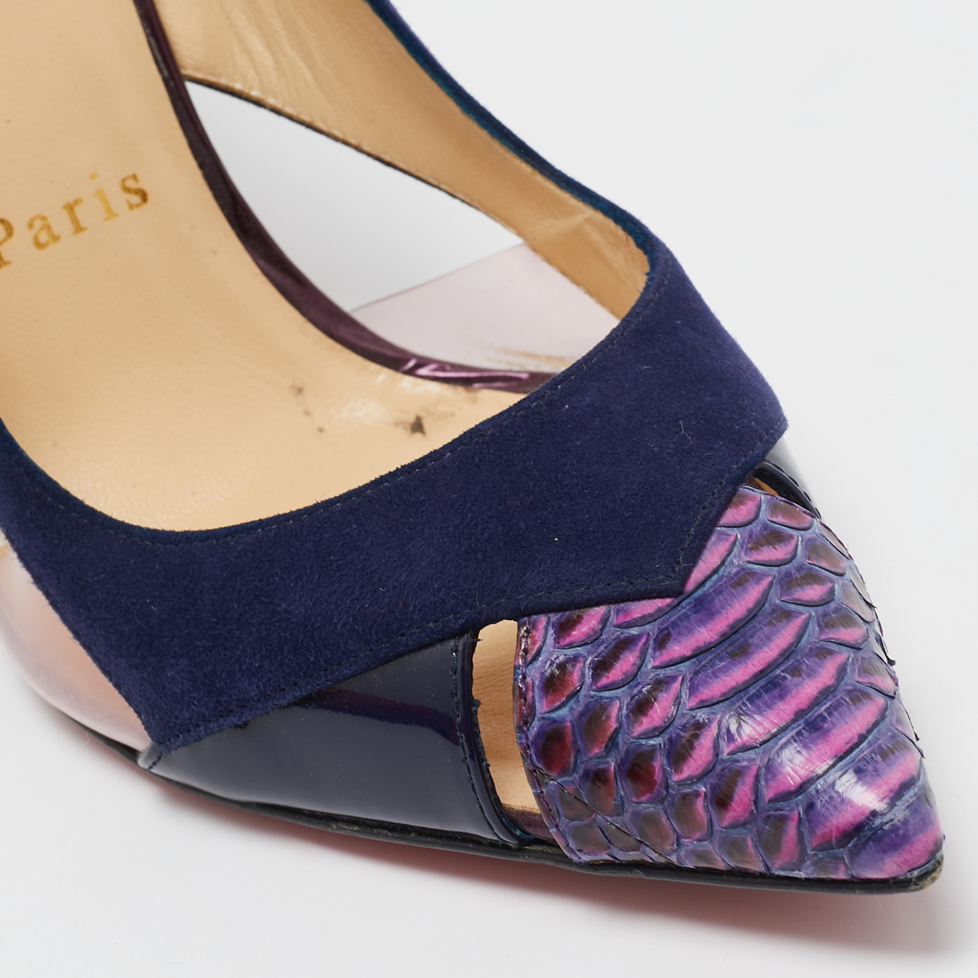 Christian Louboutin Navy Blue Suede And Python Leather Galata Pointed Toe Cutout Pumps Size 37.5