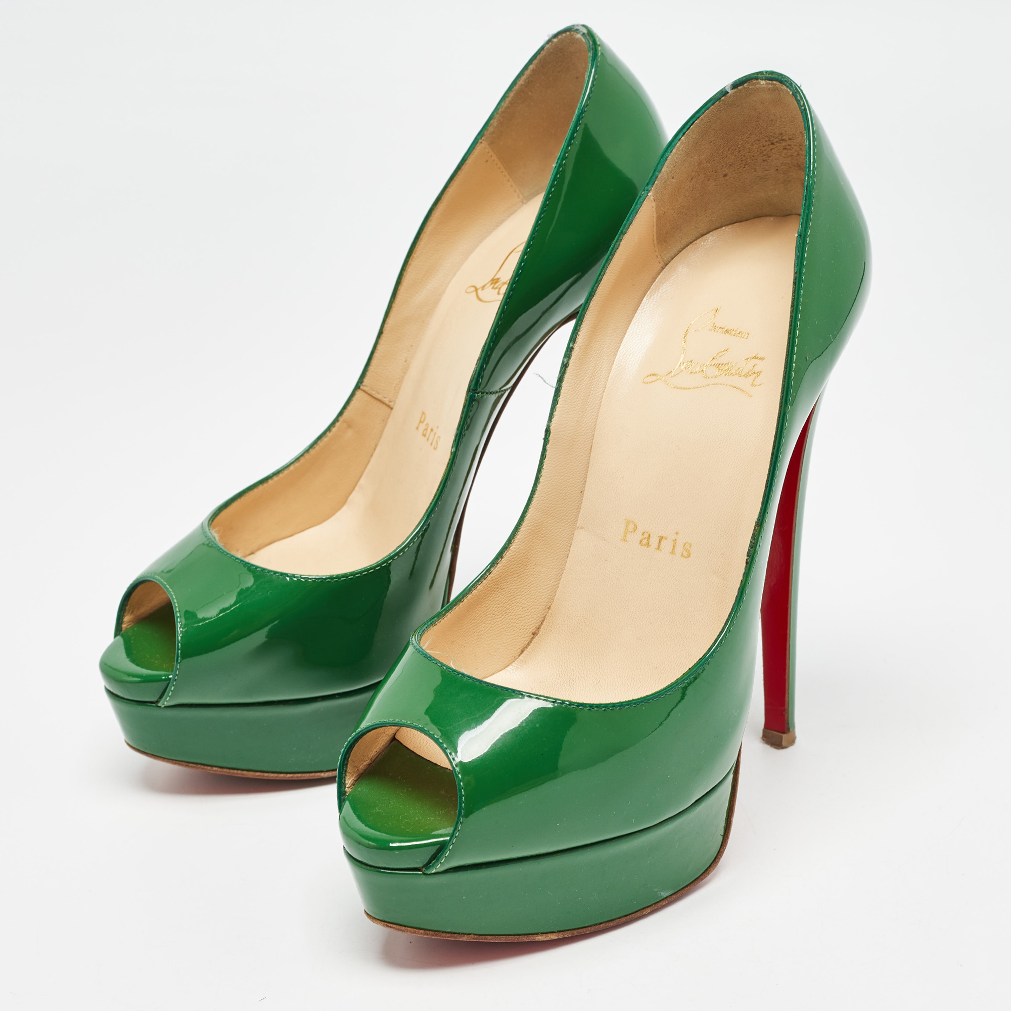 Christian Louboutin Green Patent Leather Lady Peep Pumps Size 35.5