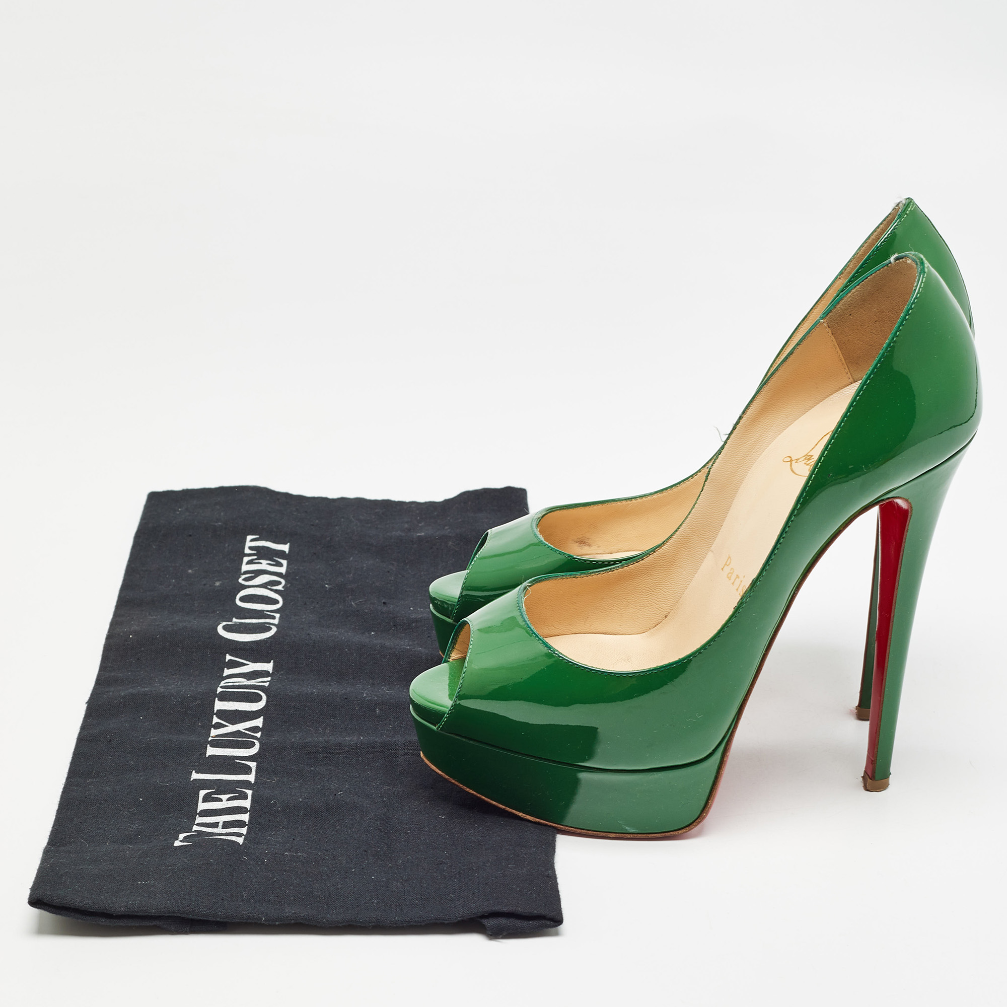 Christian Louboutin Green Patent Leather Lady Peep Pumps Size 35.5