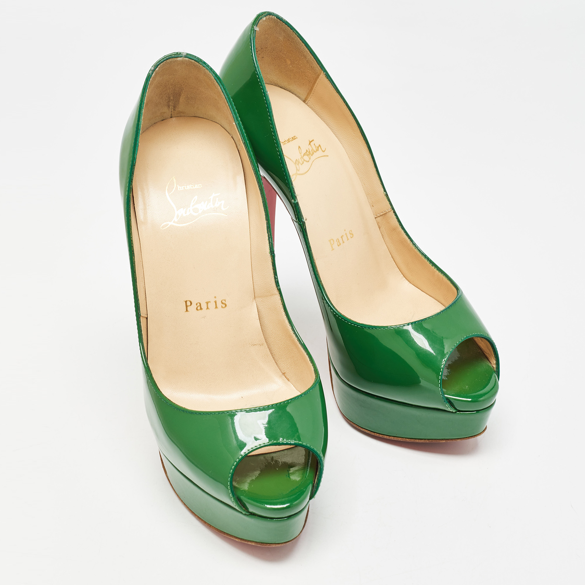 Christian Louboutin Green Patent Leather Lady Peep Pumps Size 35.5