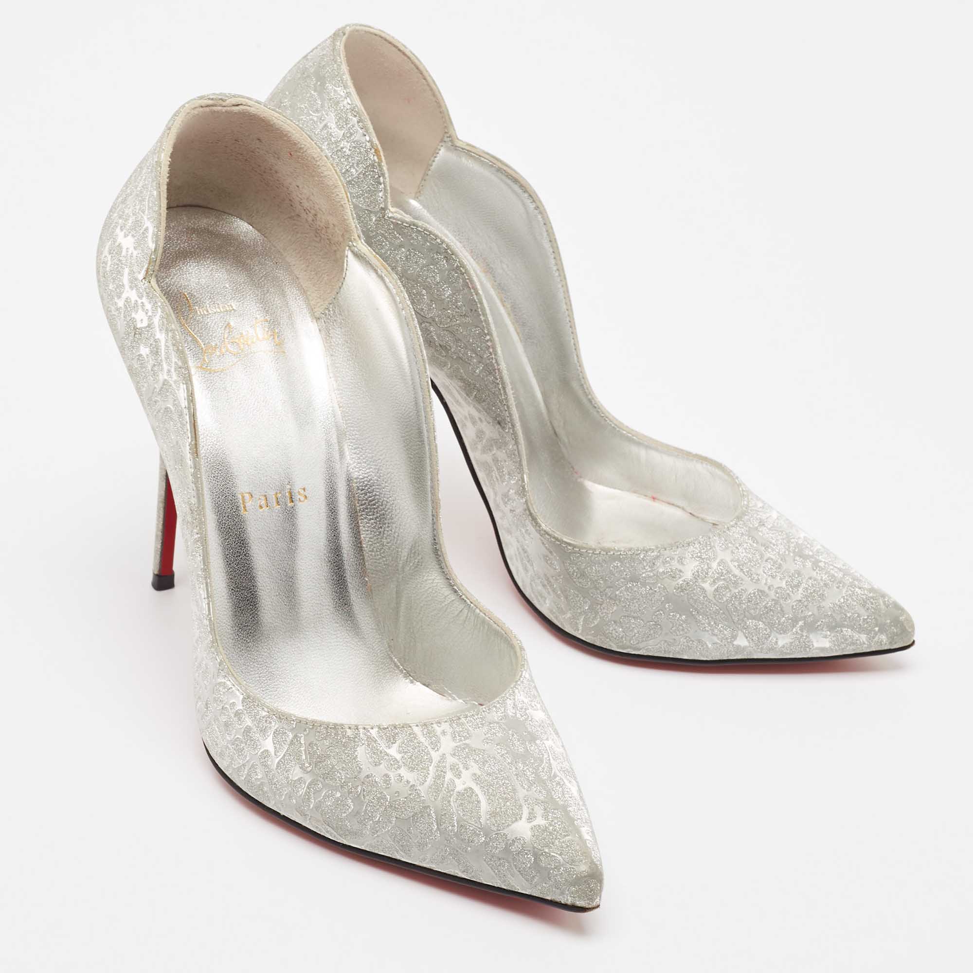 Christian Louboutin Silver Textured Glitter Hot Chick Pumps Size 38