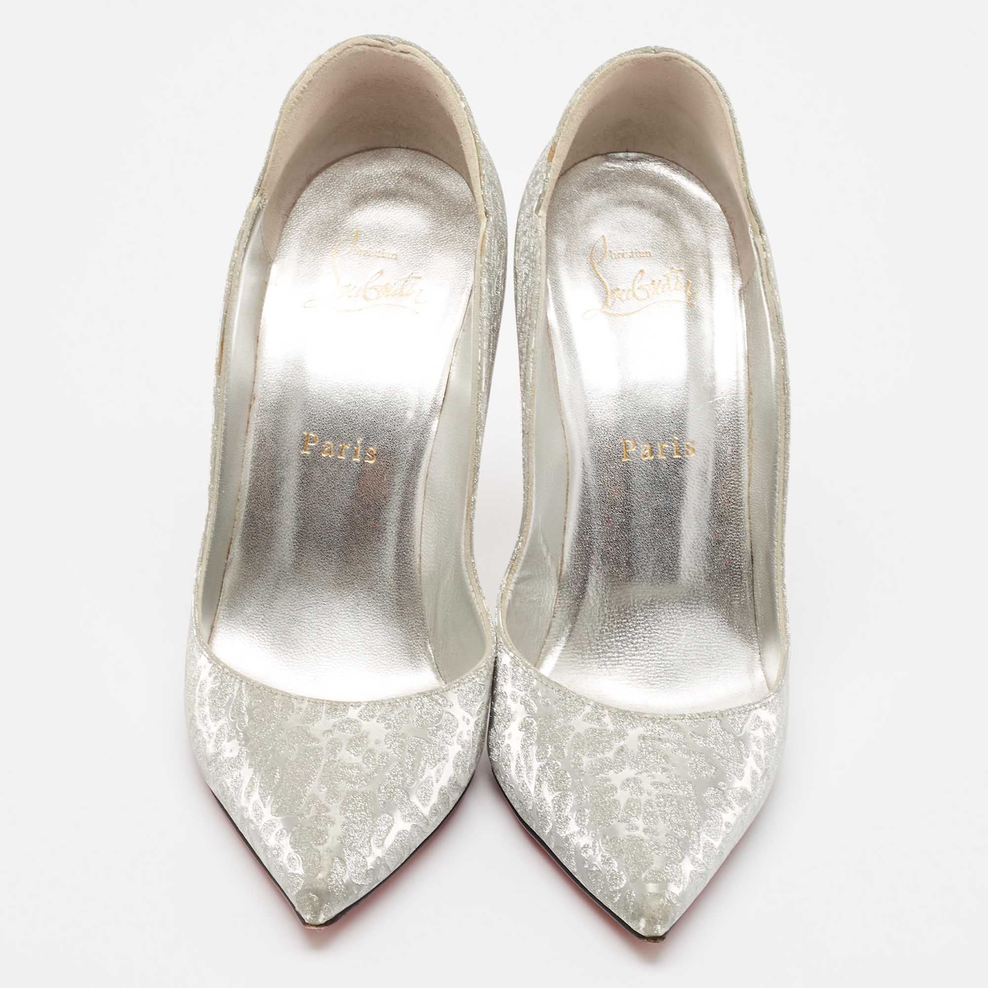 Christian Louboutin Silver Textured Glitter Hot Chick Pumps Size 38