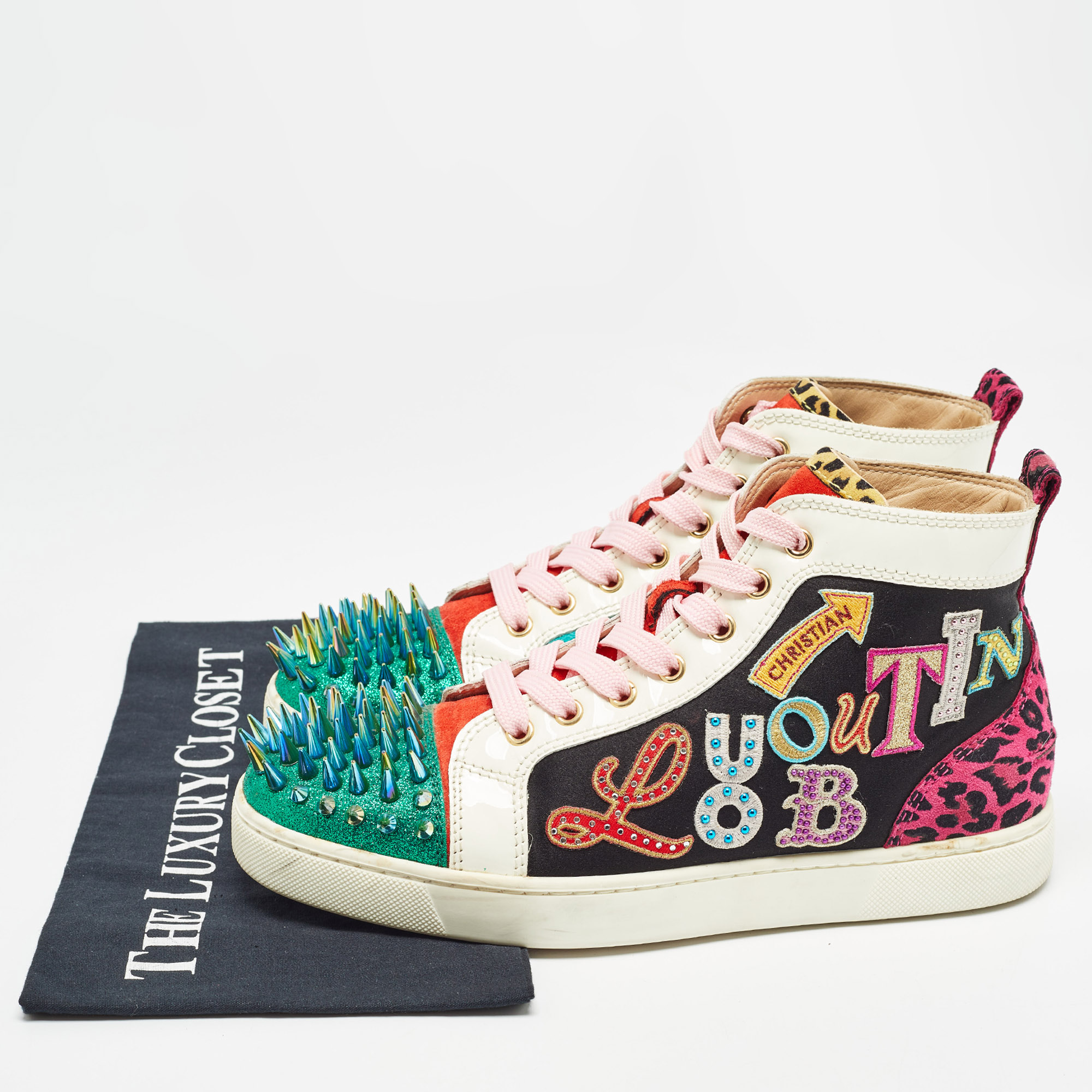 Christian Louboutin Multicolor Suede And Patent  Lou Spikes High Top Sneakers Size 40