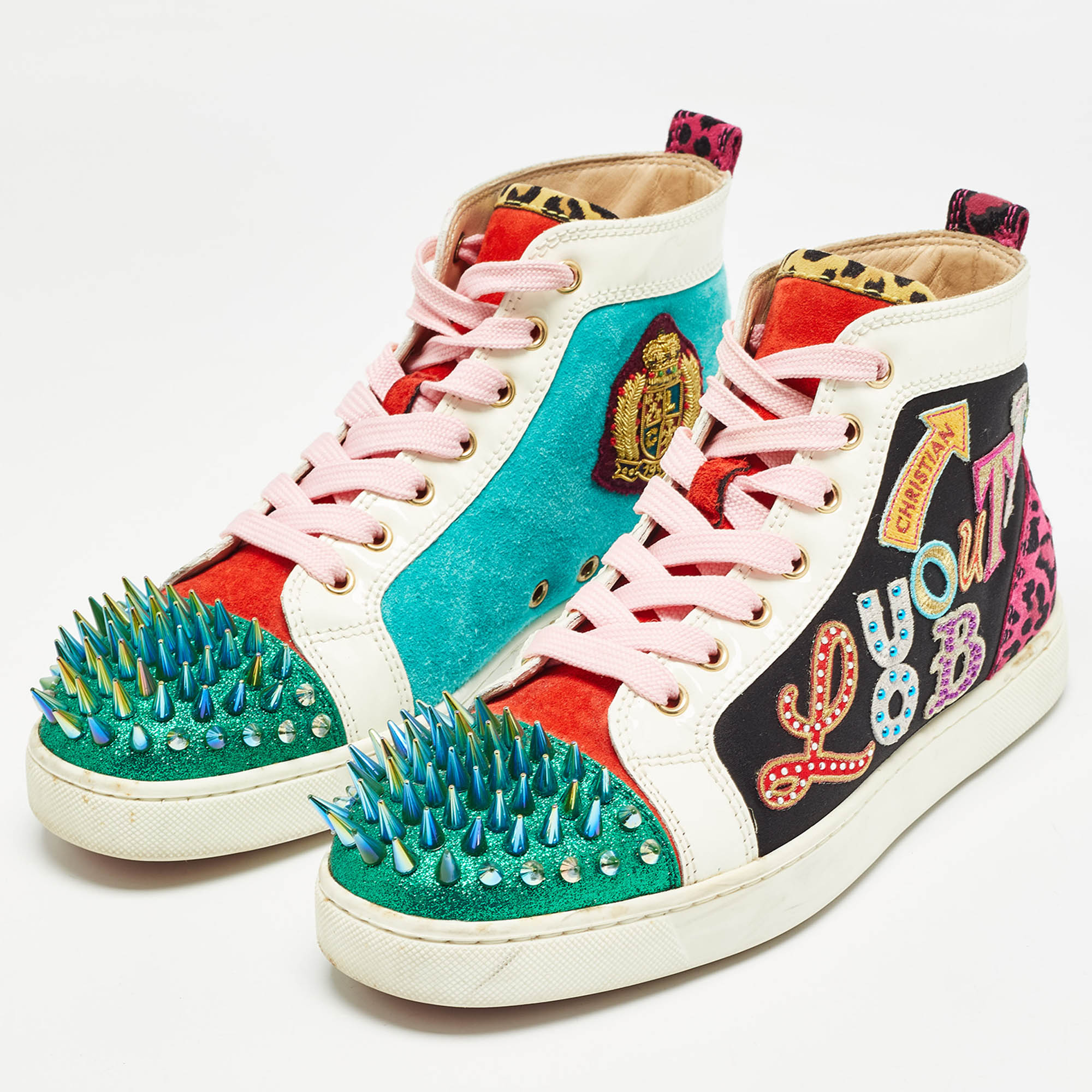 Christian Louboutin Multicolor Suede And Patent  Lou Spikes High Top Sneakers Size 40