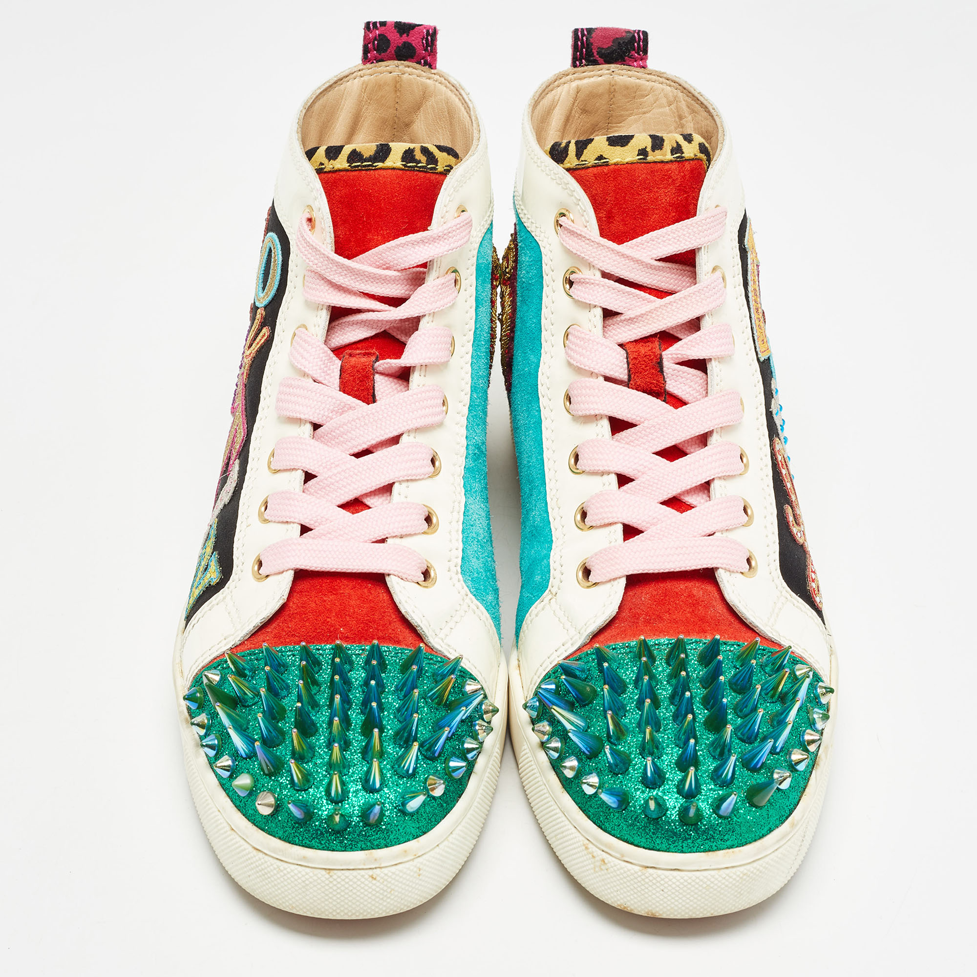 Christian Louboutin Multicolor Suede And Patent  Lou Spikes High Top Sneakers Size 40