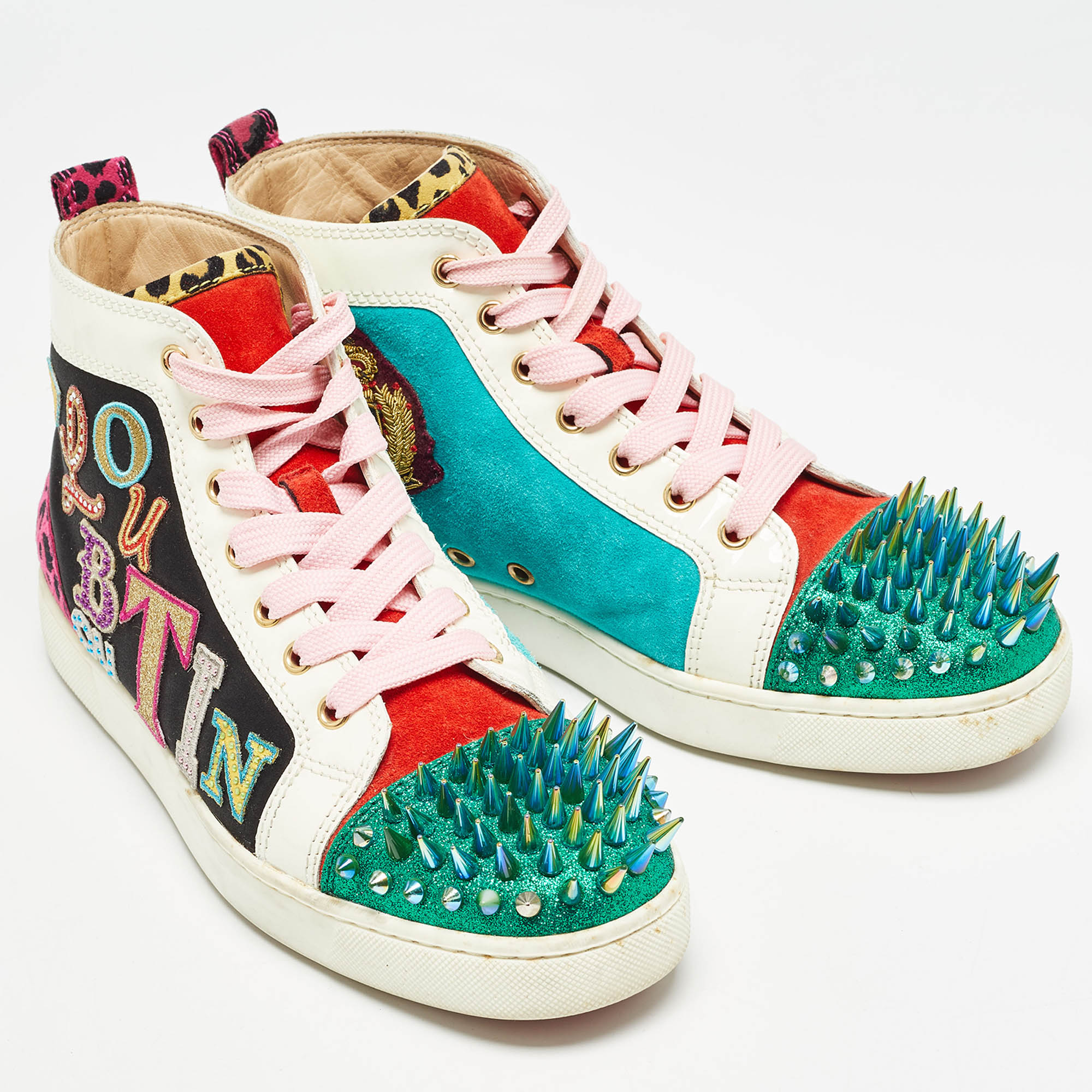 Christian Louboutin Multicolor Suede And Patent  Lou Spikes High Top Sneakers Size 40