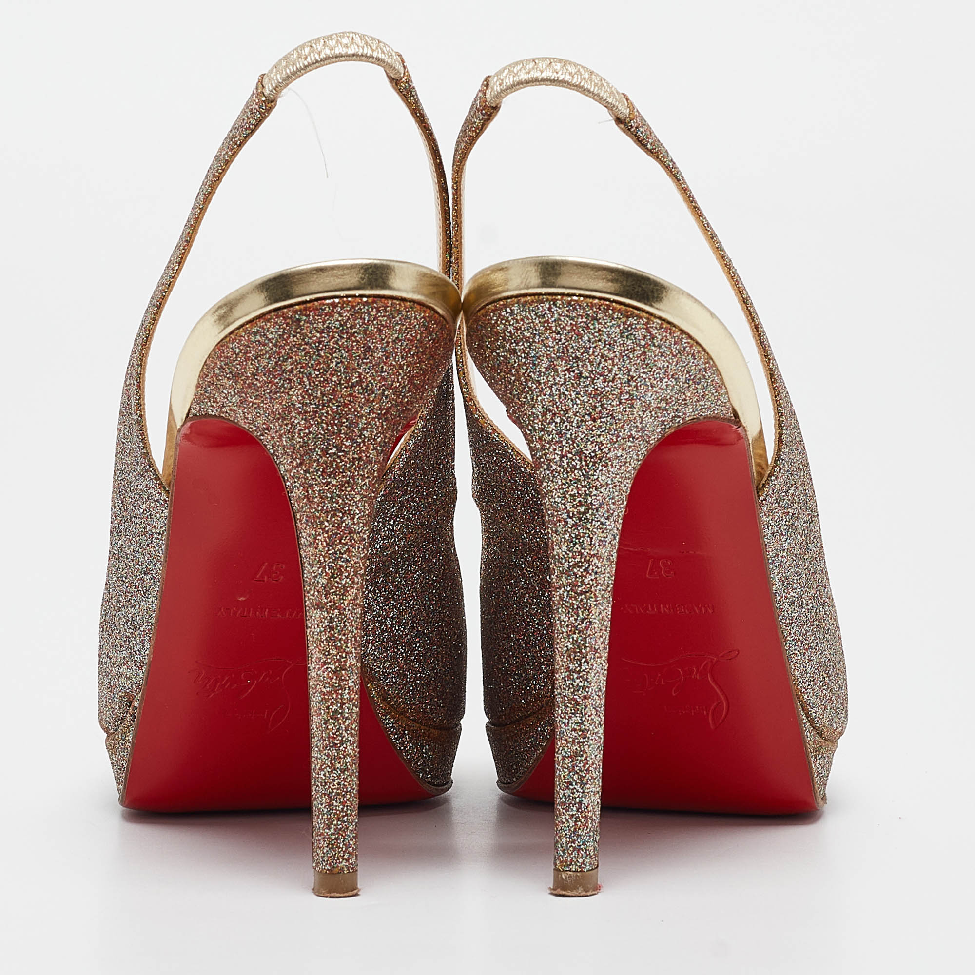 Christian Louboutin Metallic Glitter Platform Slingback Sandals Size 37