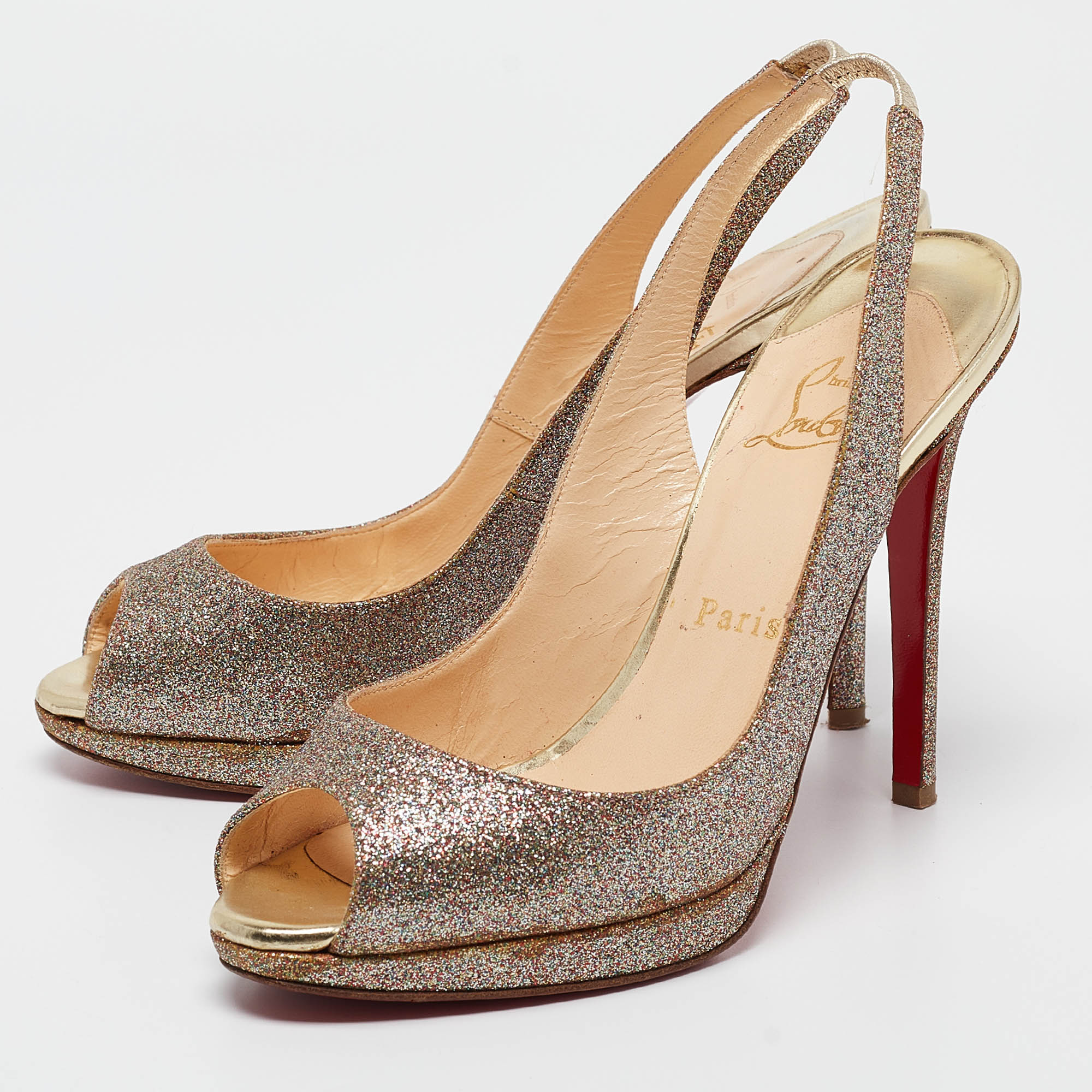 Christian Louboutin Metallic Glitter Platform Slingback Sandals Size 37