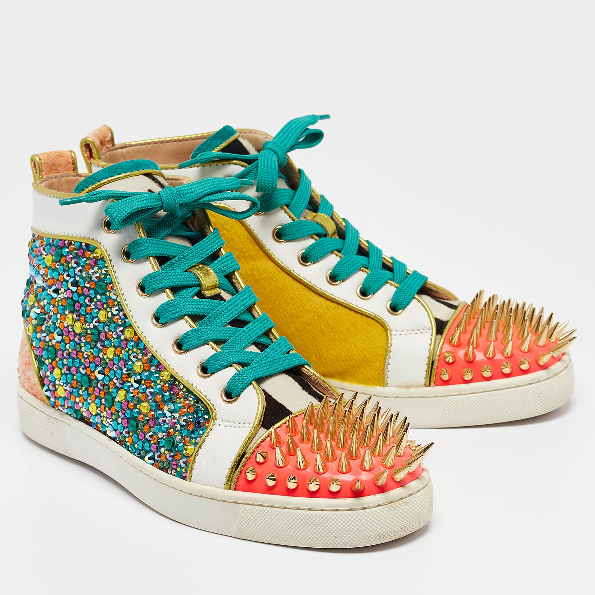 Christian Louboutin Multicolor Calf Hair And Leather Embellished Spikes  Sneakers Size 40