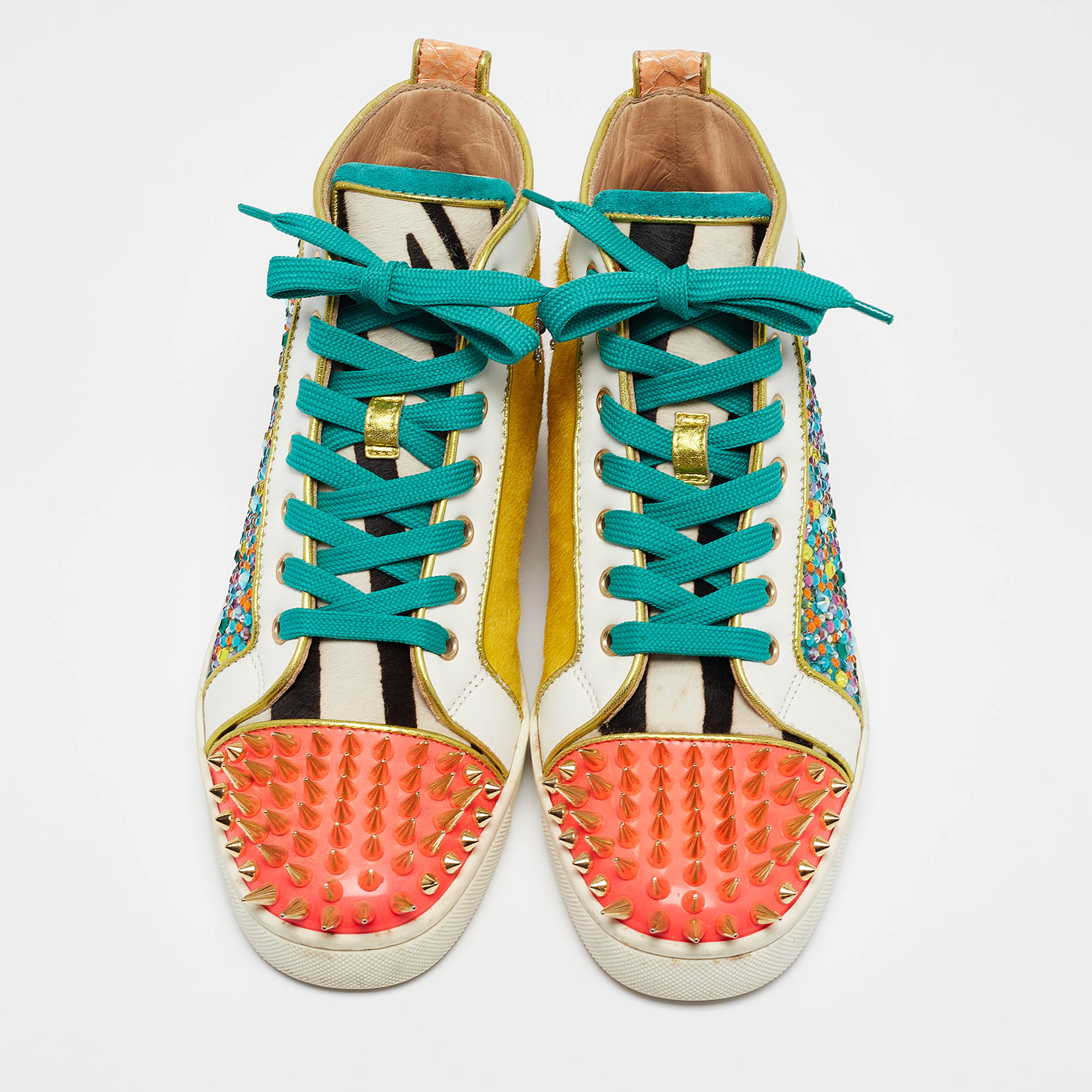 Christian Louboutin Multicolor Calf Hair And Leather Embellished Spikes  Sneakers Size 40