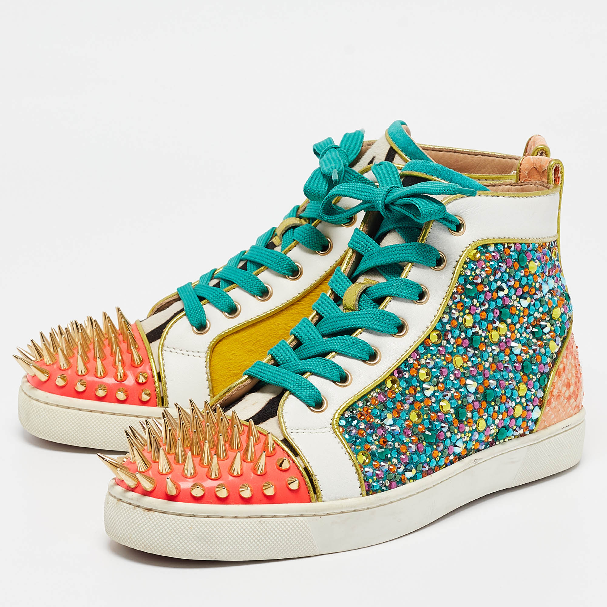 Christian Louboutin Multicolor Calf Hair And Leather Embellished Spikes  Sneakers Size 40