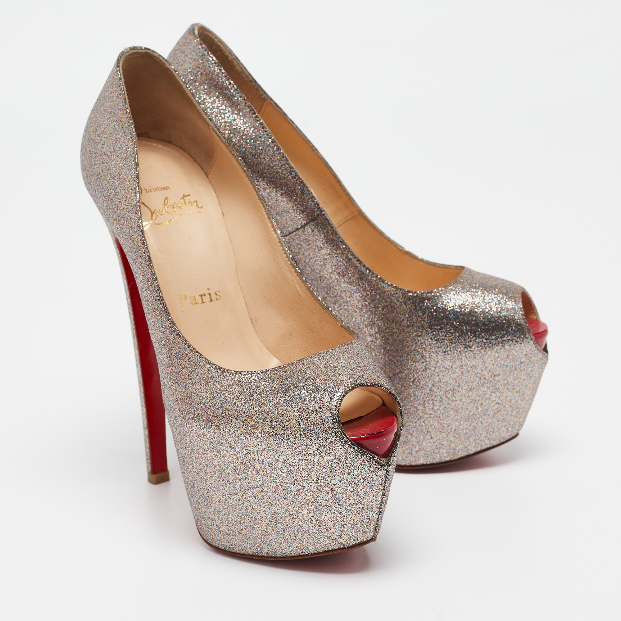 Christian Louboutin Gold Glitter Highness Peep Toe Platform Pumps Size 36.5