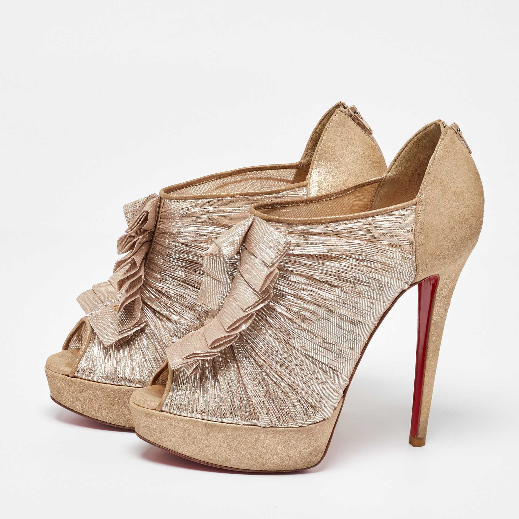 Christian Louboutin Gold/Beige Lurex Fabric And Suede Canon Booties Size 37