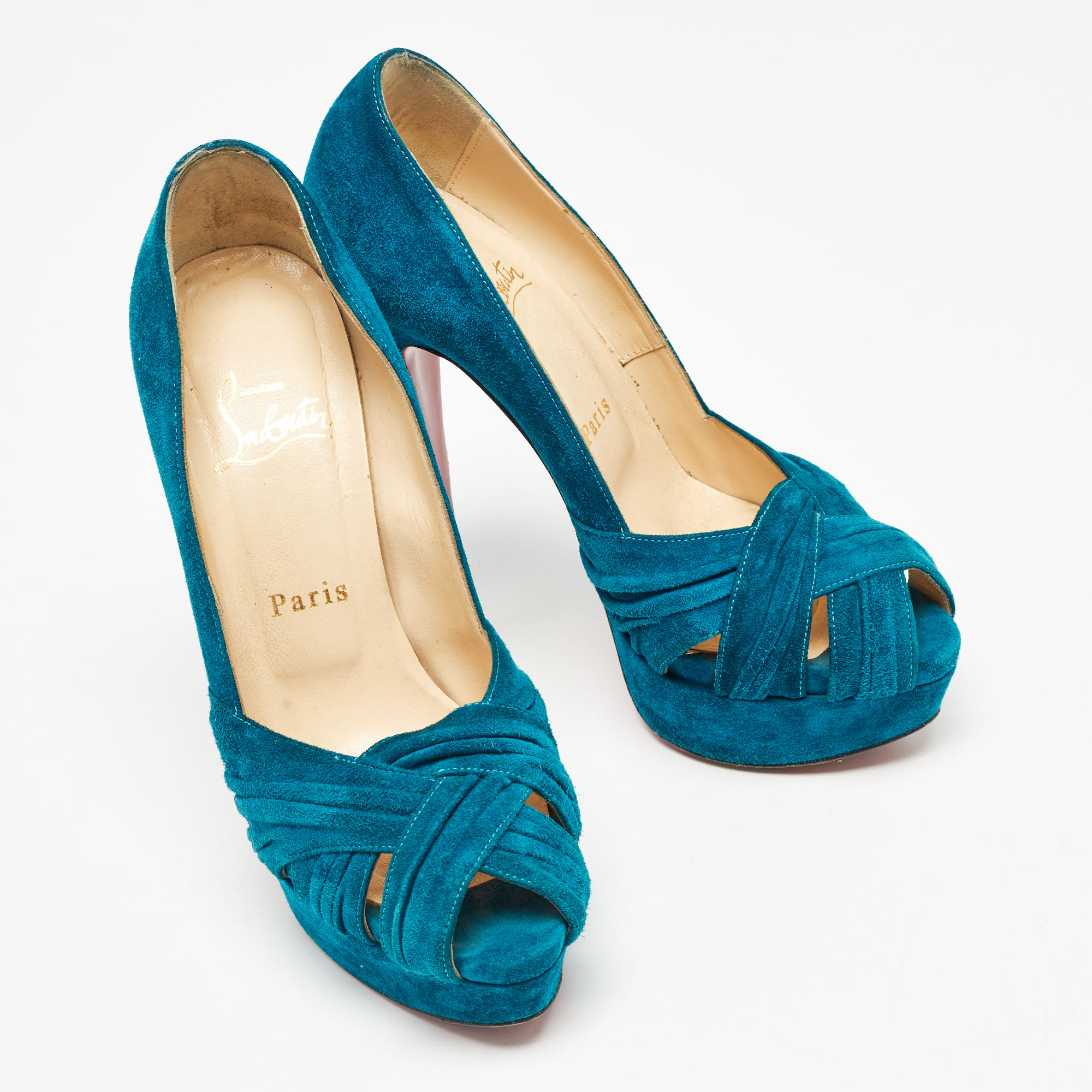 Christian Louboutin Blue Suede Aborina Peep Toe Pumps Size 36