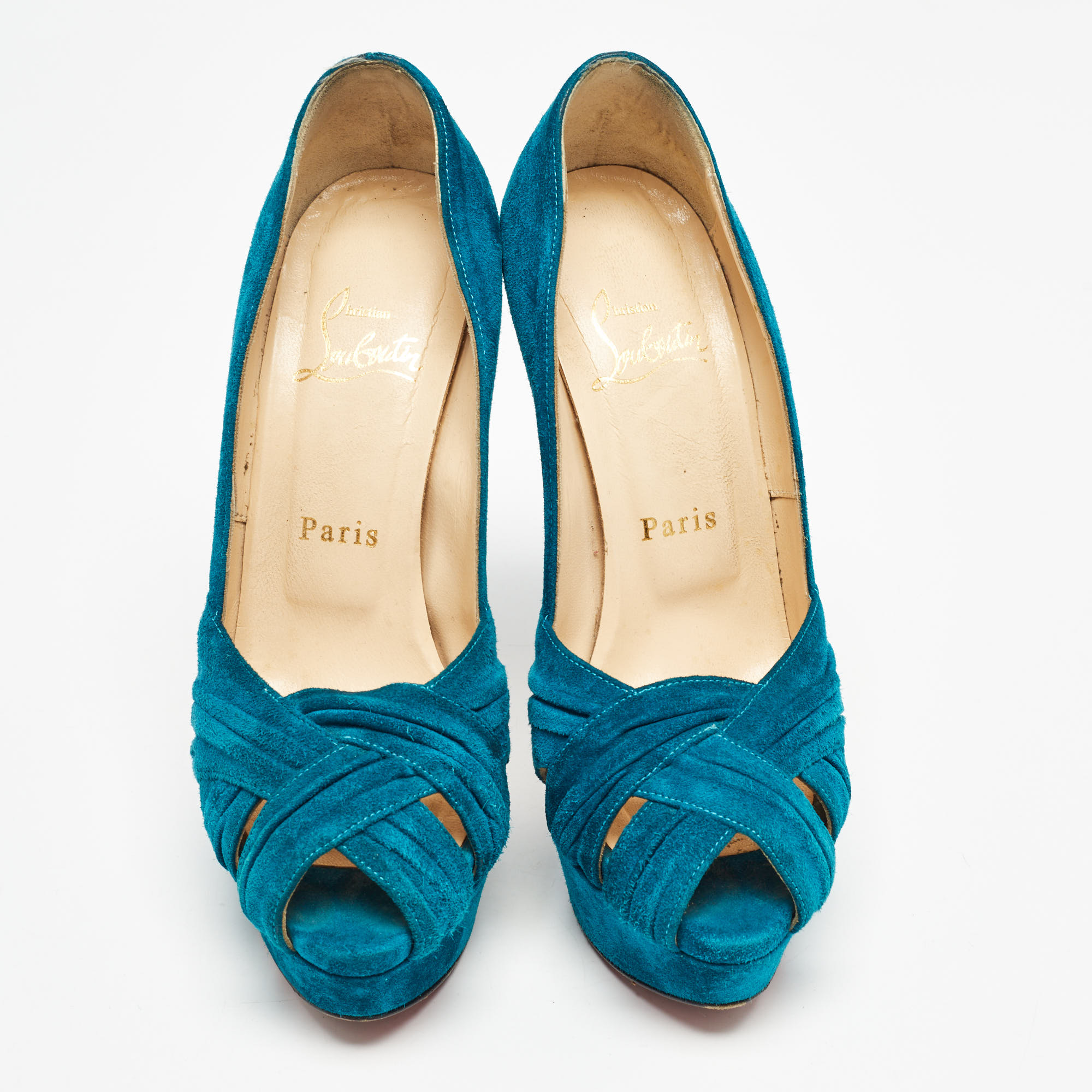 Christian Louboutin Blue Suede Aborina Peep Toe Pumps Size 36