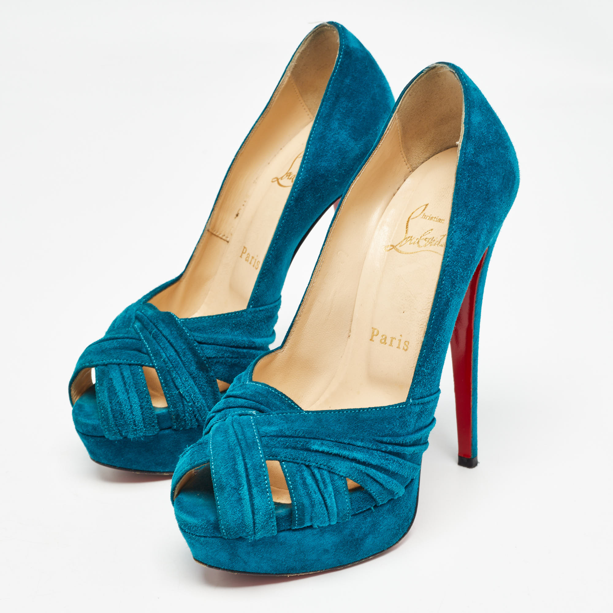 Christian Louboutin Blue Suede Aborina Peep Toe Pumps Size 36