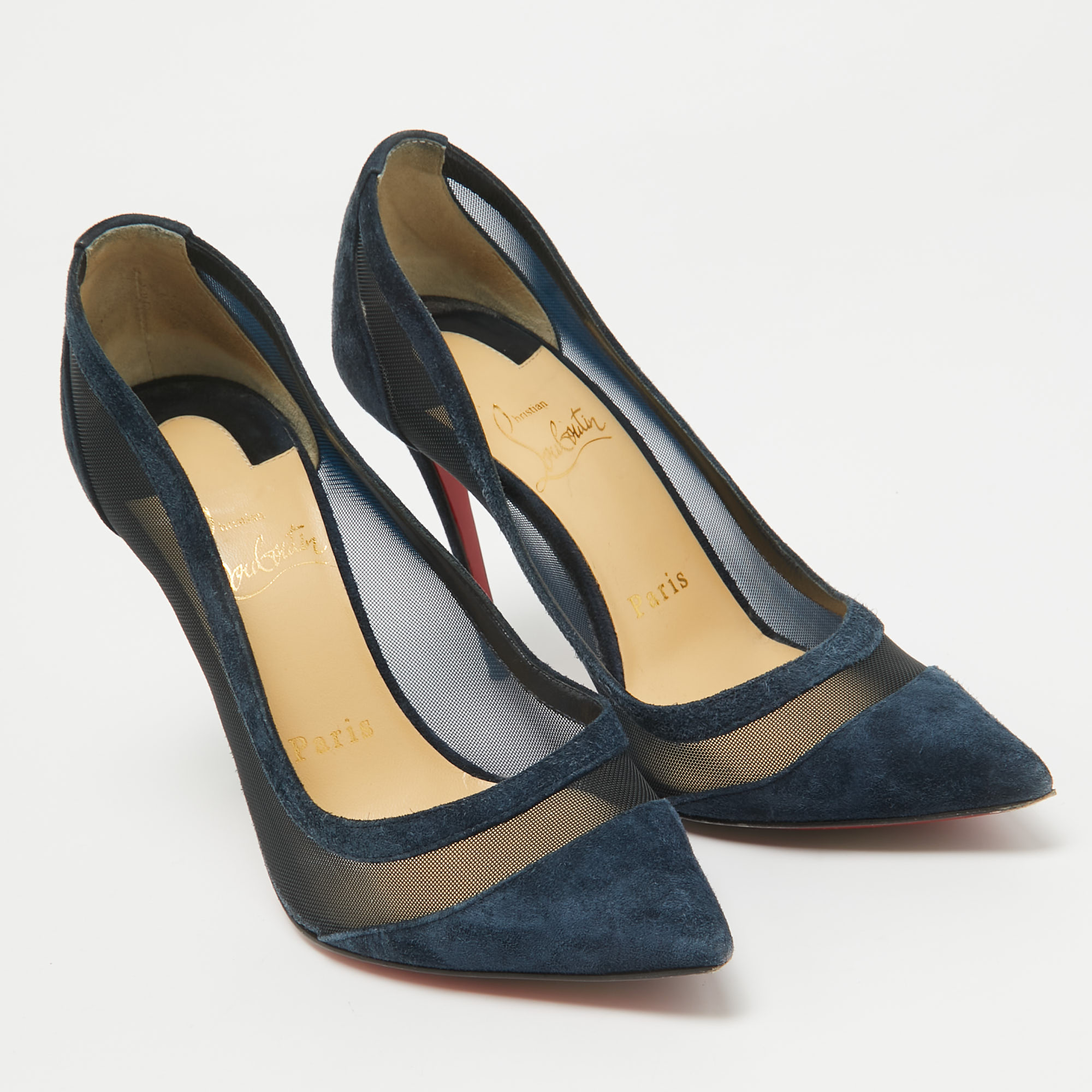 Christian Louboutin Navy Blue Suede And Mesh Galativi Pumps Size 35.5