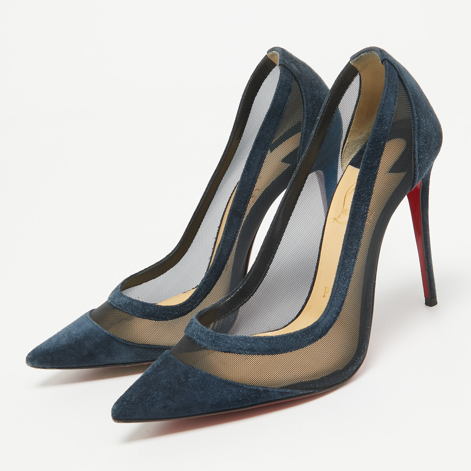 Christian Louboutin Navy Blue Suede And Mesh Galativi Pumps Size 35.5