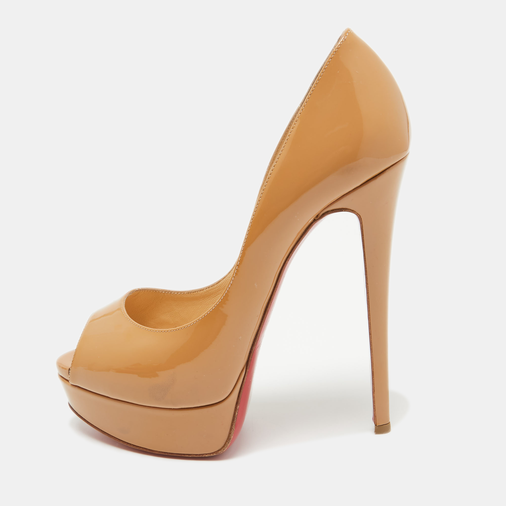 Christian Louboutin Beige Patent Leather Lady Peep Pumps Size 37