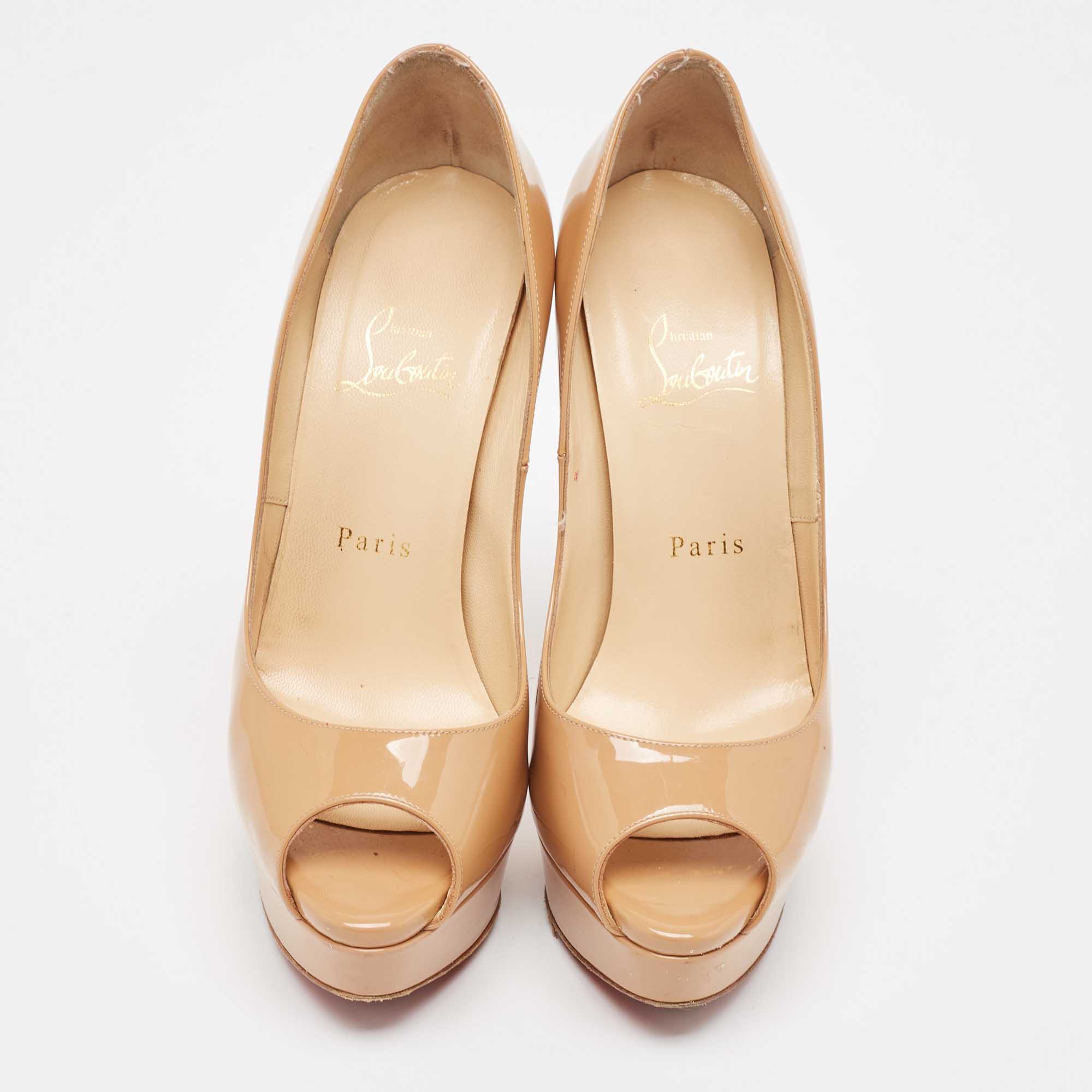 Christian Louboutin Beige Patent Leather Lady Peep Pumps Size 38