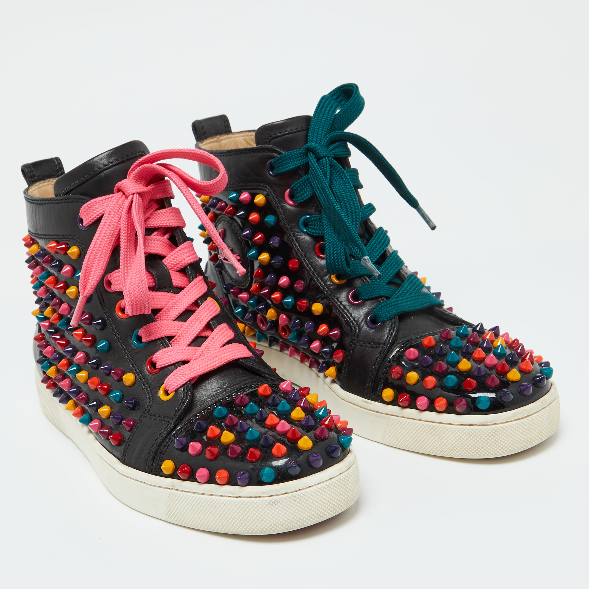 Christian Louboutin Black Patent And Leather Multicolor Spikes Louis Sneakers Size 38