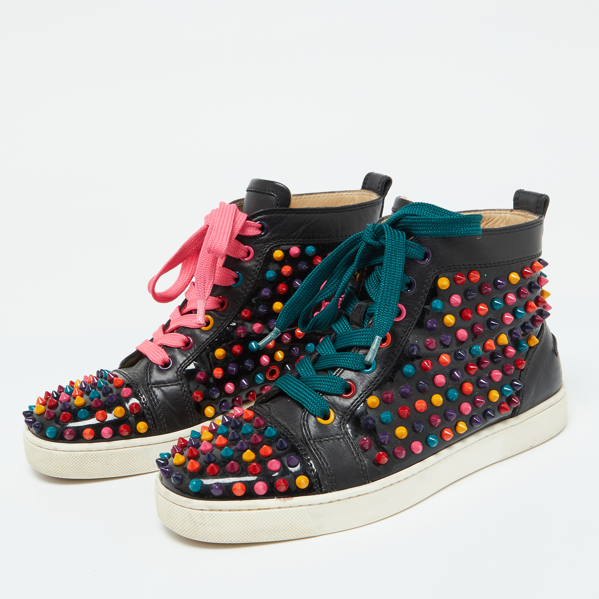 Christian Louboutin Black Patent And Leather Multicolor Spikes Louis Sneakers Size 38