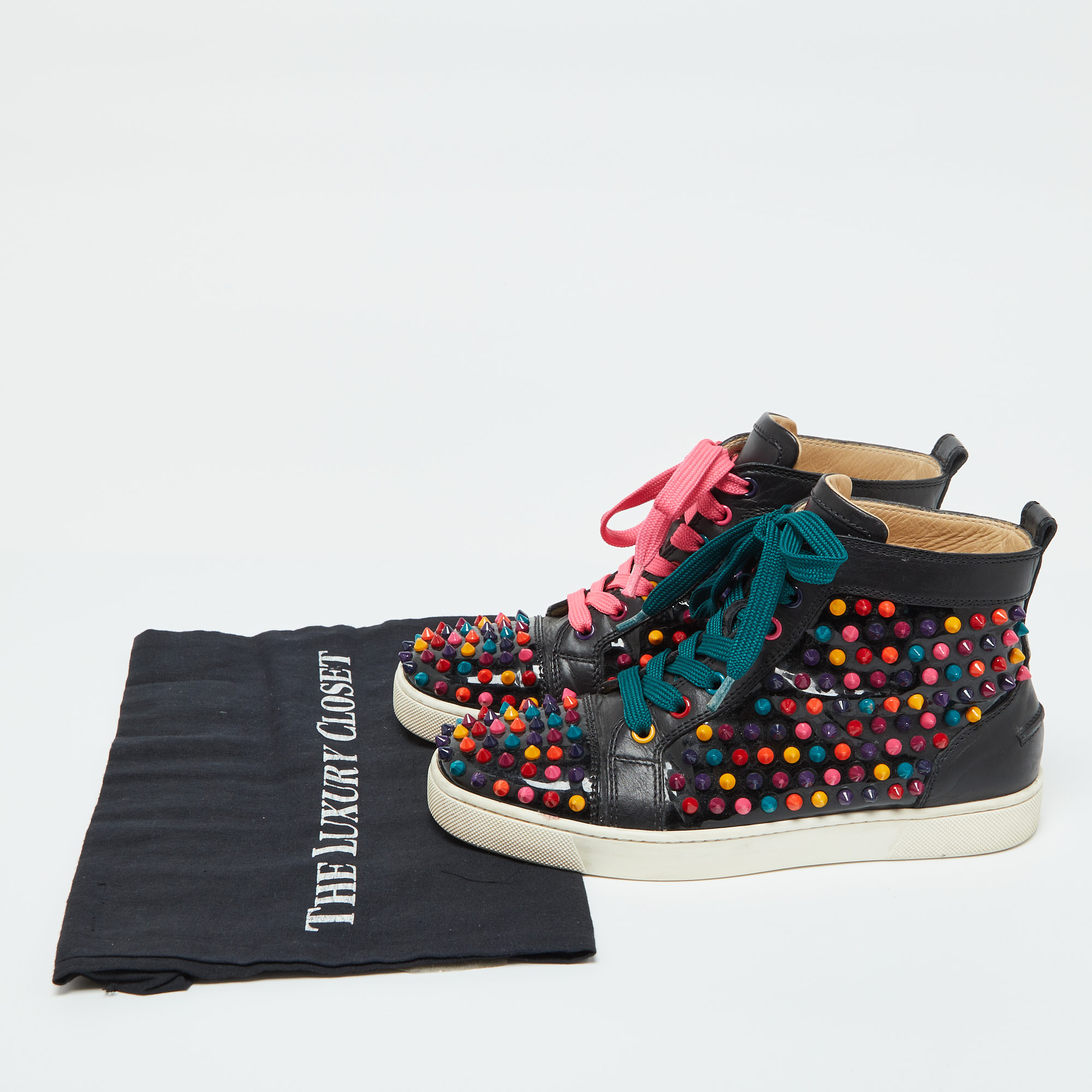 Christian Louboutin Black Patent And Leather Multicolor Spikes Louis Sneakers Size 38