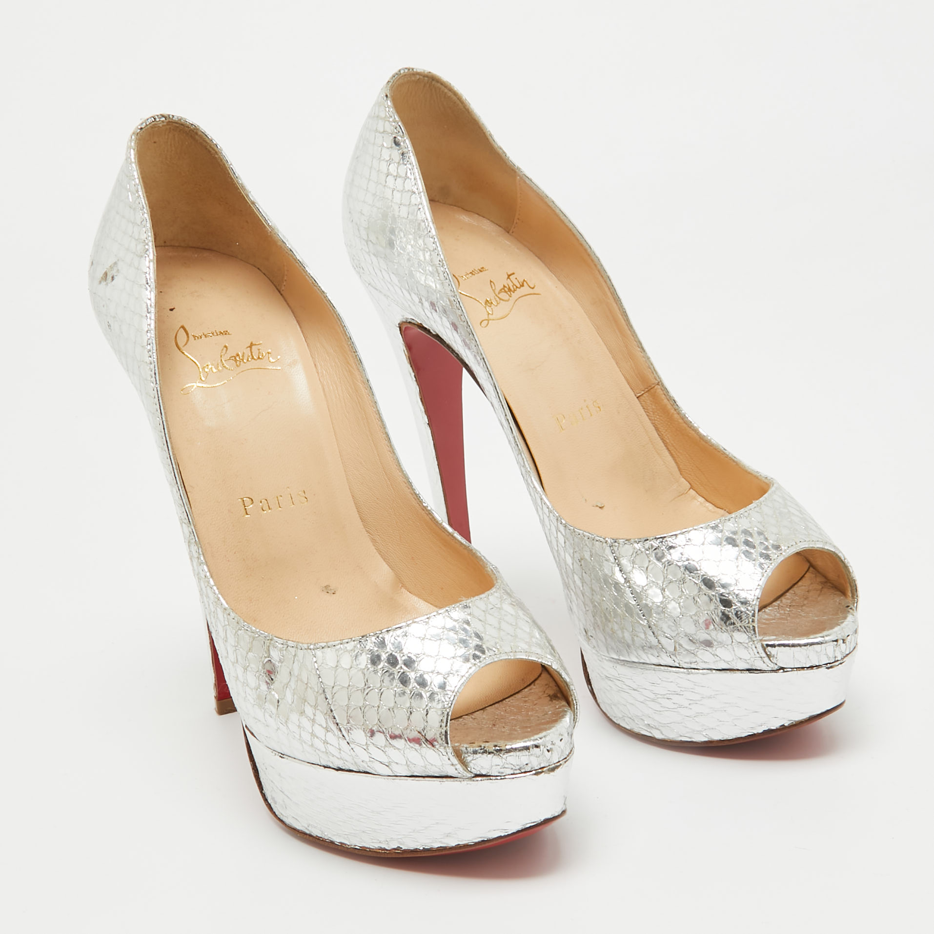 Christian Louboutin Silver Snakeskin Embossed Leather Lady Peep Pumps Size 36