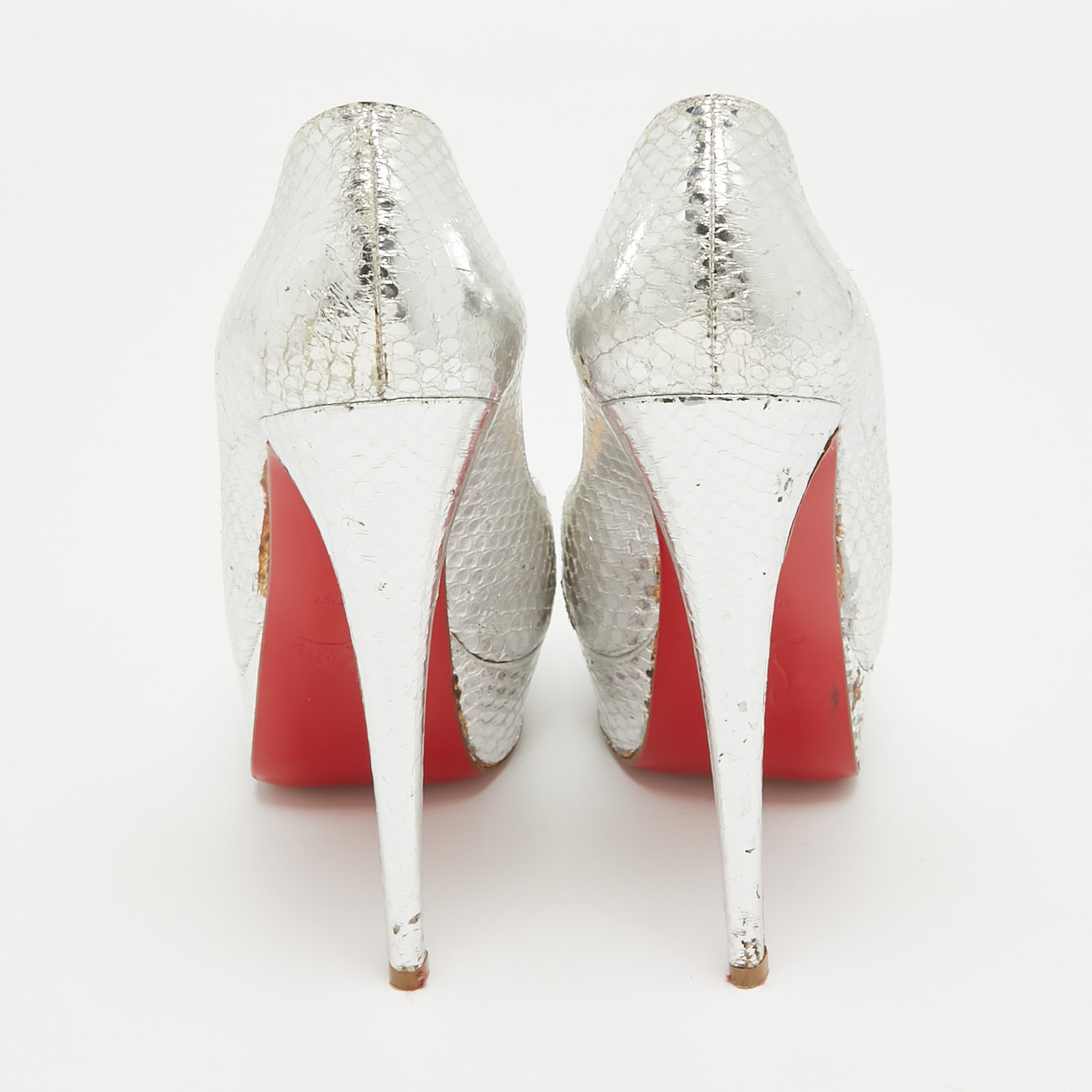 Christian Louboutin Silver Snakeskin Embossed Leather Lady Peep Pumps Size 36