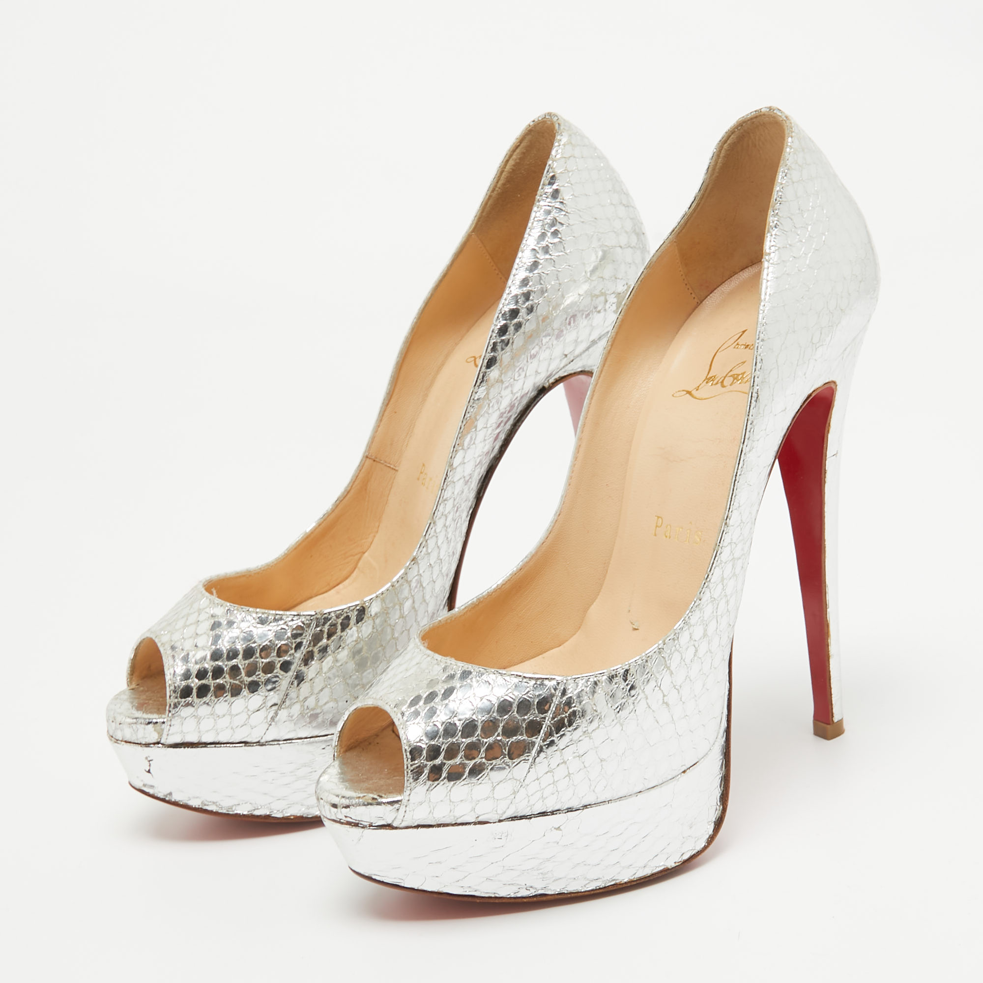 Christian Louboutin Silver Snakeskin Embossed Leather Lady Peep Pumps Size 36