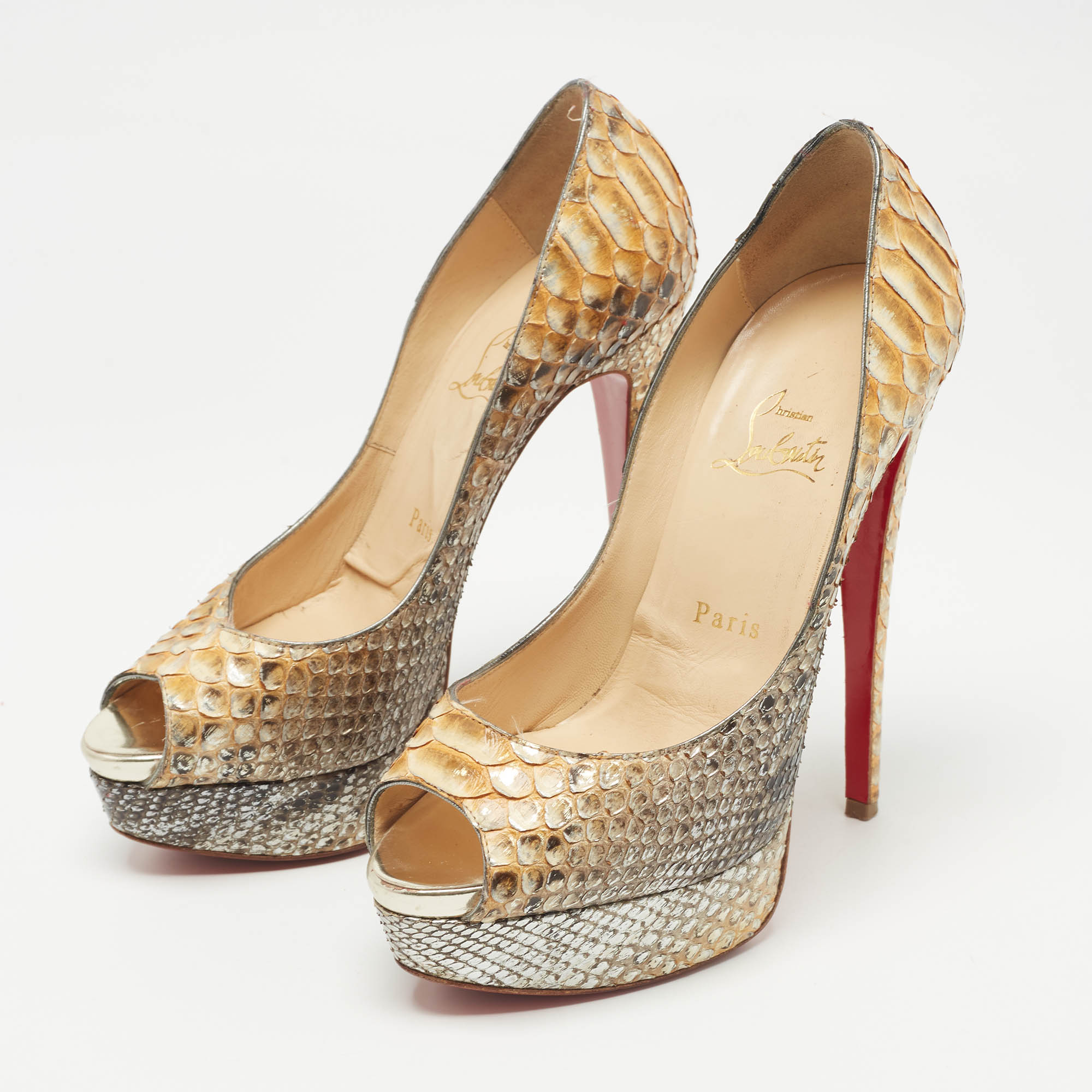 Christian Louboutin Multicolor Python Leather Lady Peep Platform Pumps Size 37