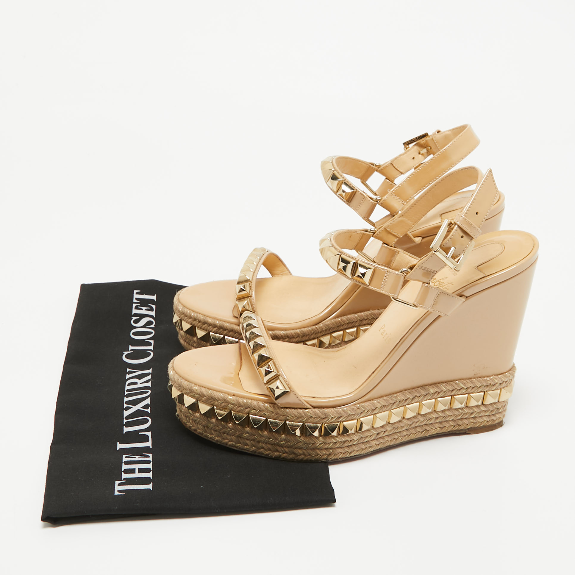 Christian Louboutin Beige Patent Leather Pyraclou Rockstud Platform Ankle Wrap Sandals Size 40