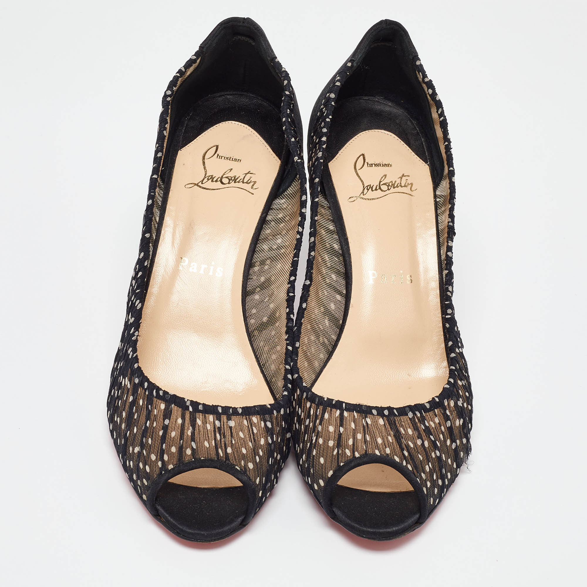 Christian Louboutin Black/White Polka Dot Chiffon And Satin Peep Toe Pumps Size 38.5