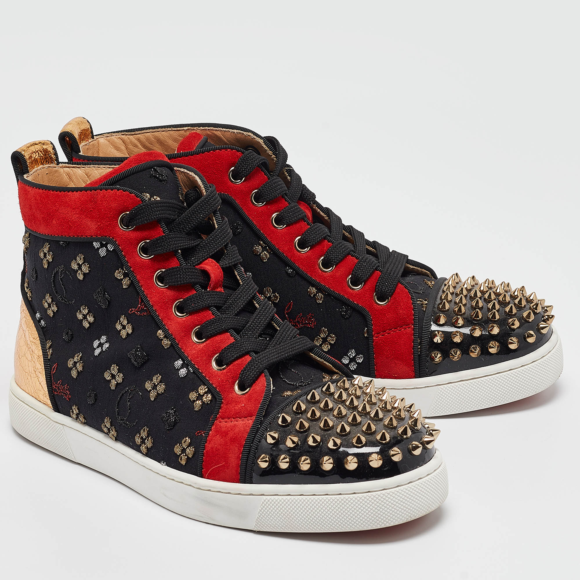 Christian Louboutin Multicolor Fabric And Patent Leather Lou Spike Orlato High Top Sneakers Size 39.5