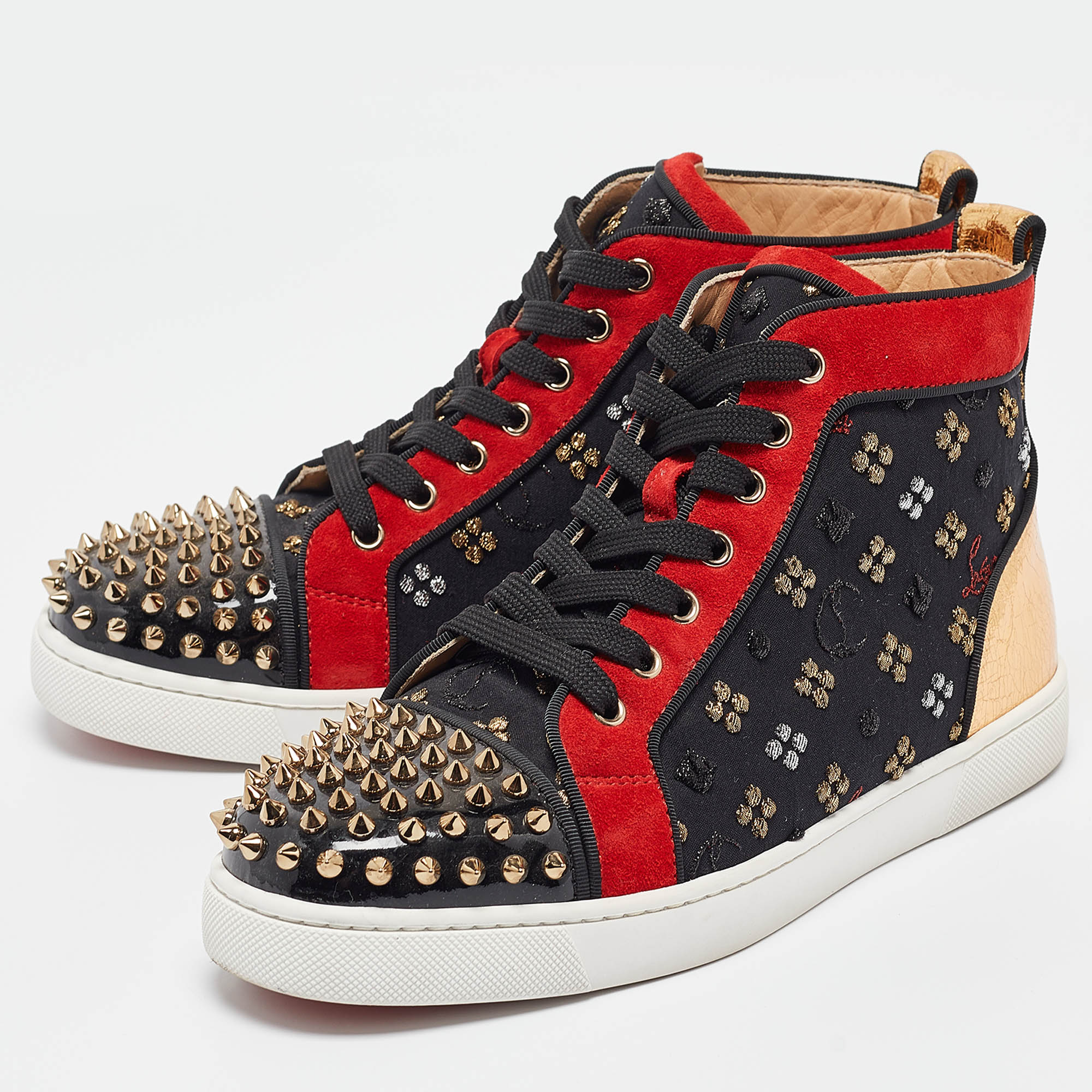 Christian Louboutin Multicolor Fabric And Patent Leather Lou Spike Orlato High Top Sneakers Size 39.5