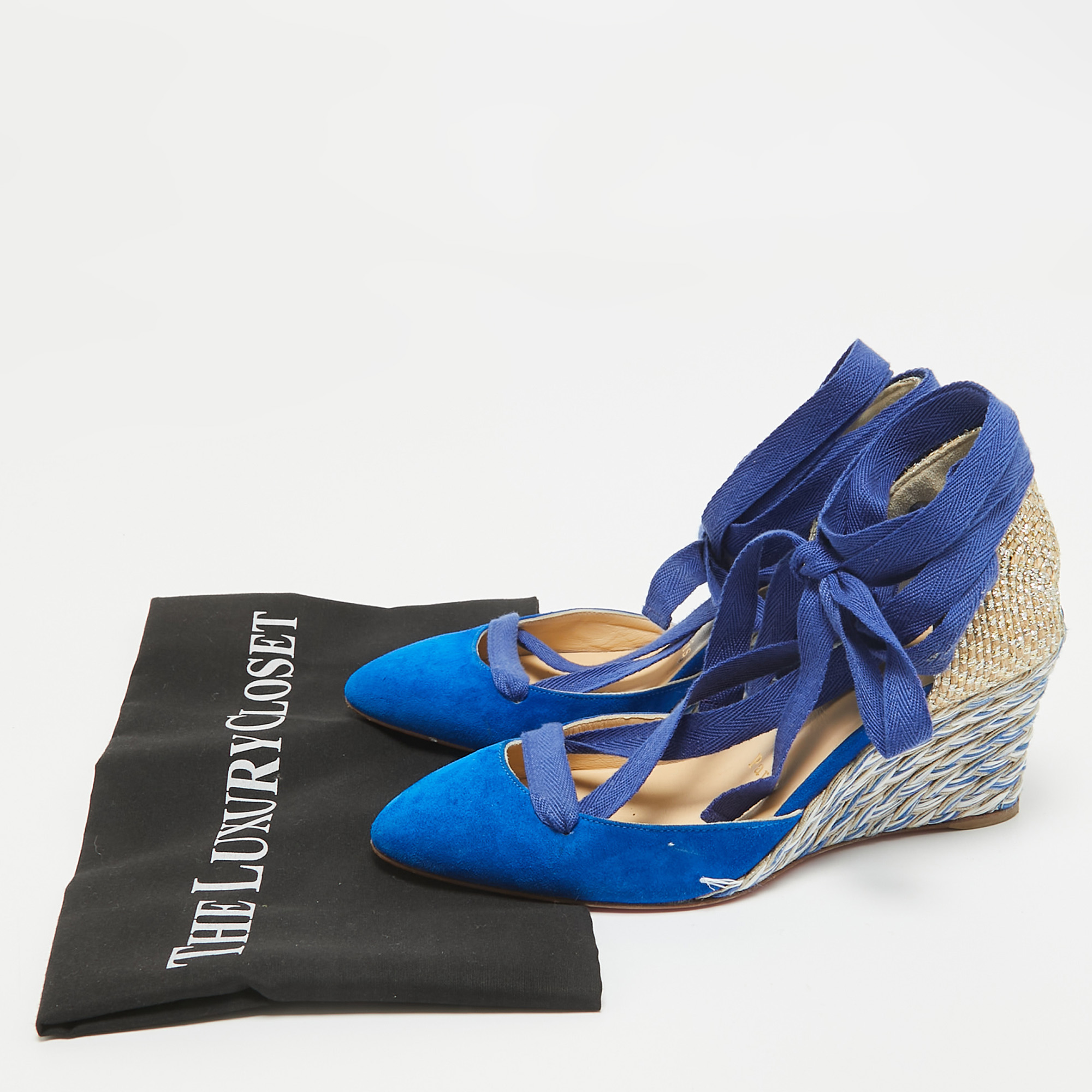 Christian Louboutin Blue/Gold Raffia And Suede Wedge Pumps Size 36