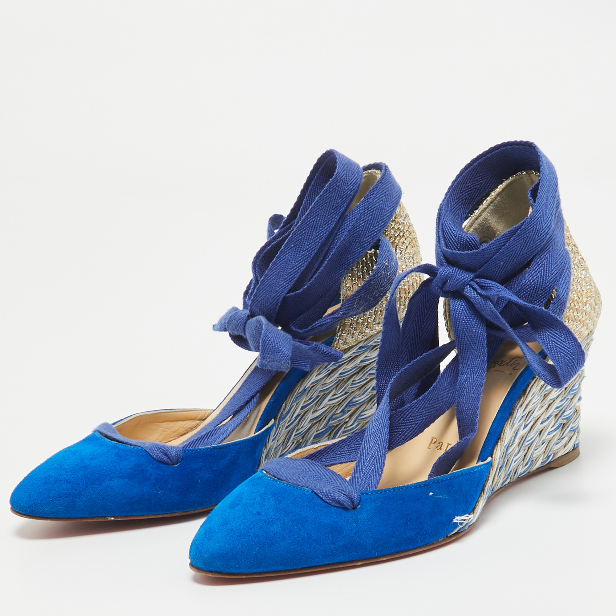 Christian Louboutin Blue/Gold Raffia And Suede Wedge Pumps Size 36