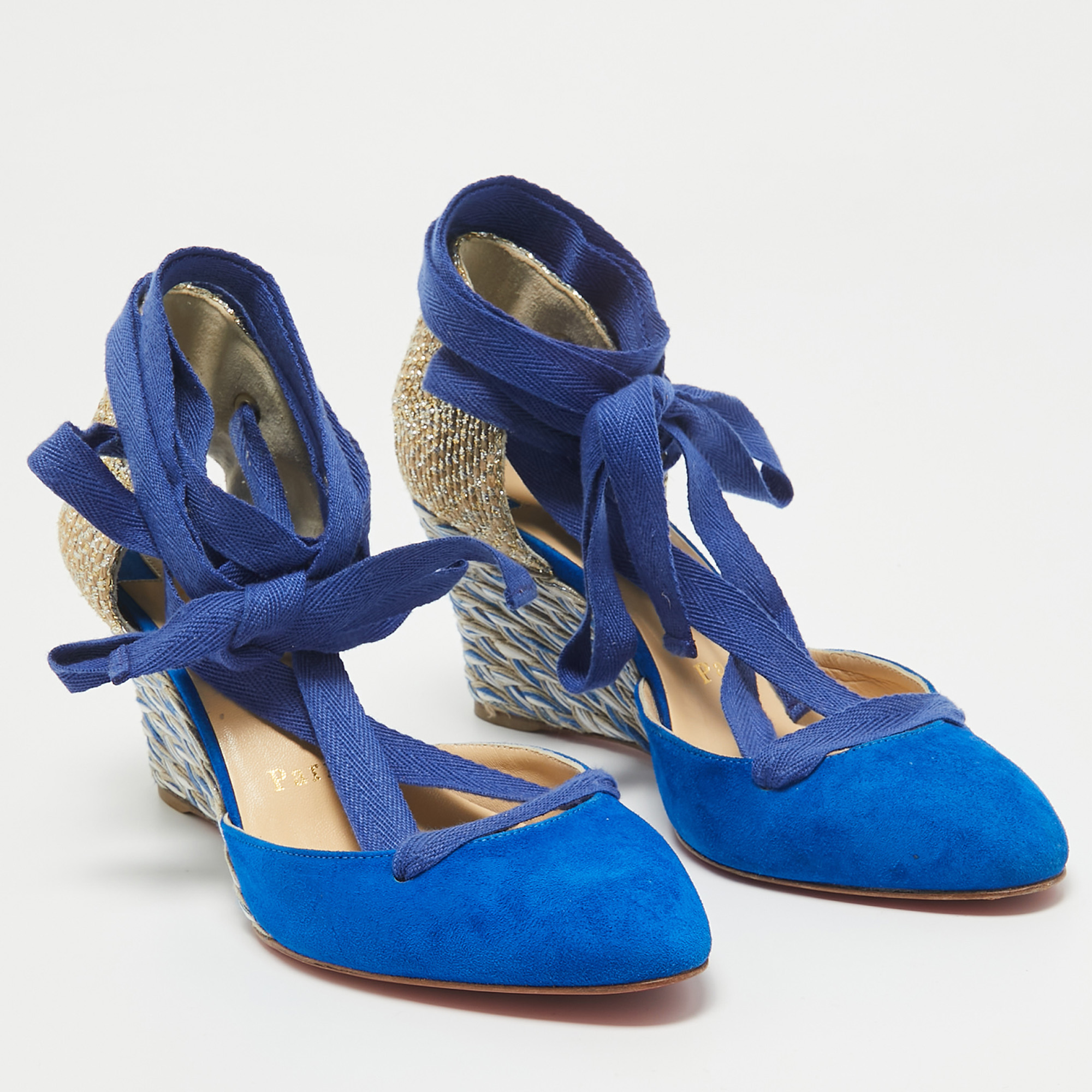 Christian Louboutin Blue/Gold Raffia And Suede Wedge Pumps Size 36