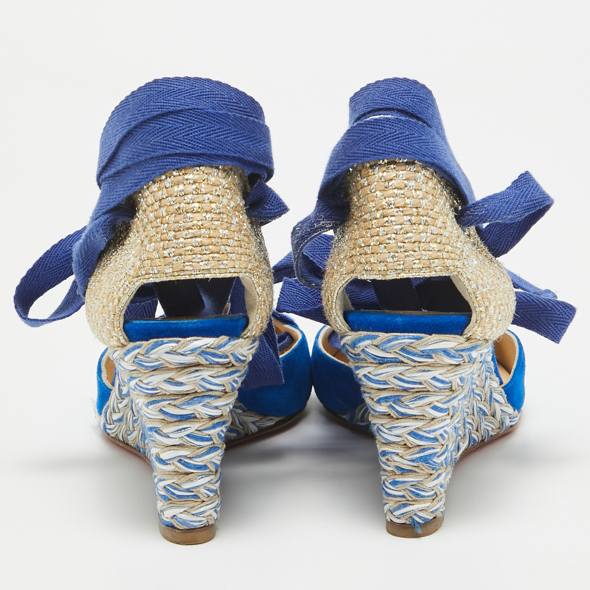 Christian Louboutin Blue/Gold Raffia And Suede Wedge Pumps Size 36