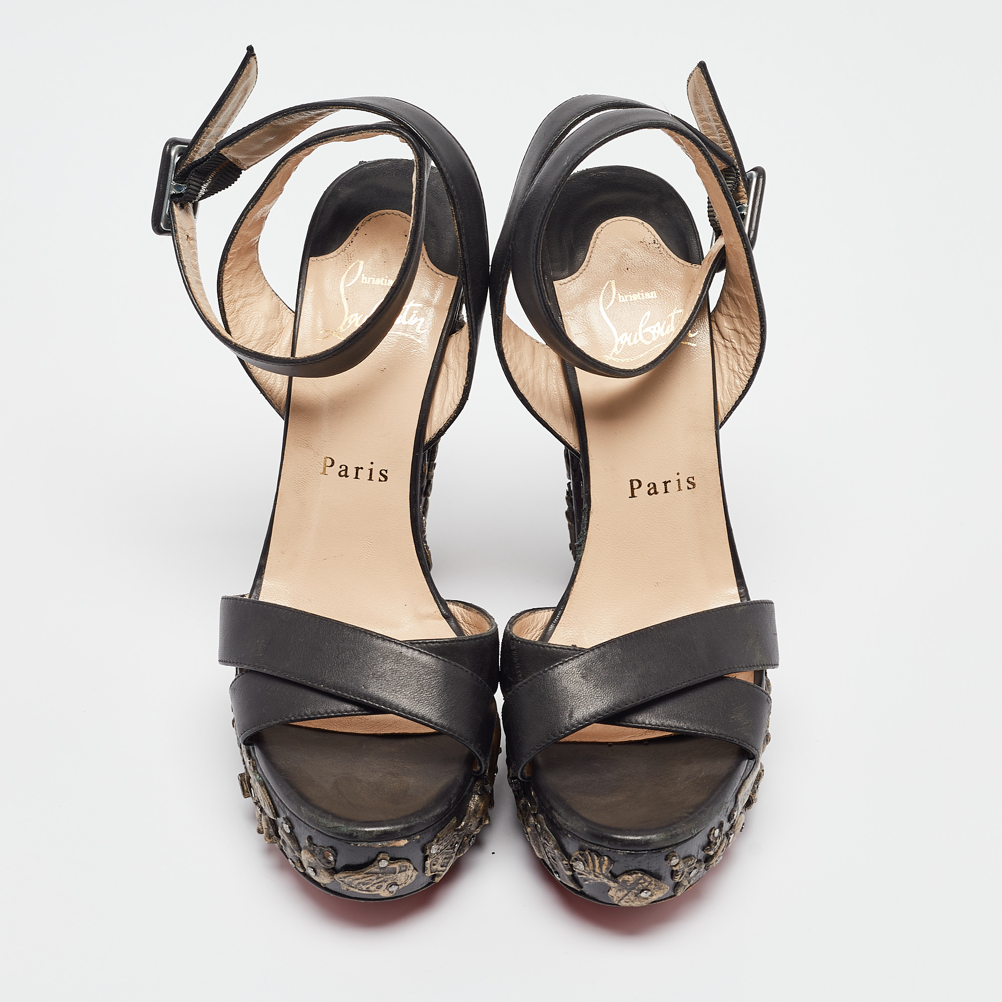 Christian Louboutin Black Leather Exvota Ankle Strap Sandals Size 37