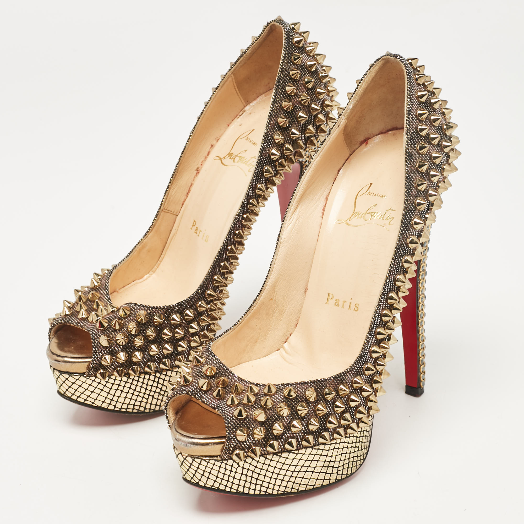 Christian Louboutin Metallic Lurex Fabric Lady Peep Spikes Pumps Size 35.5