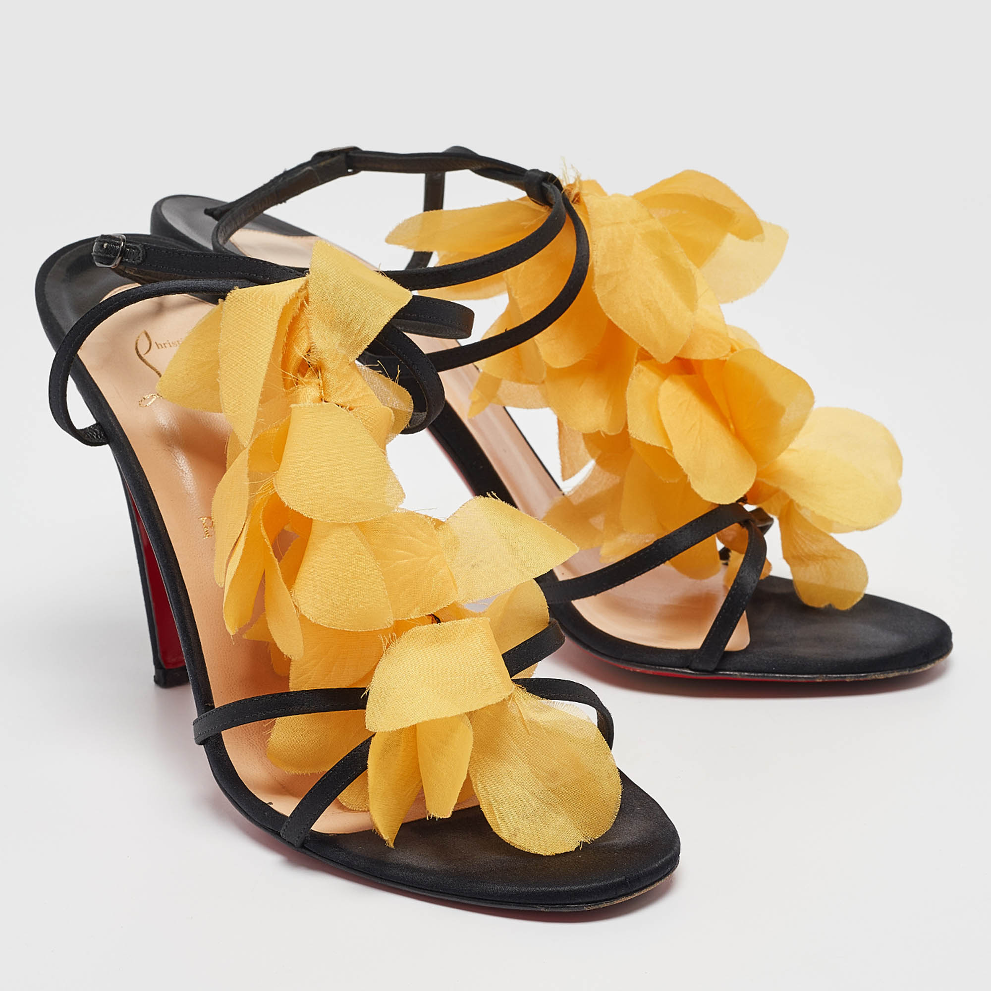 Christian Louboutin Black/Yellow Satin And Crepe Mount Street Sandals Size 41