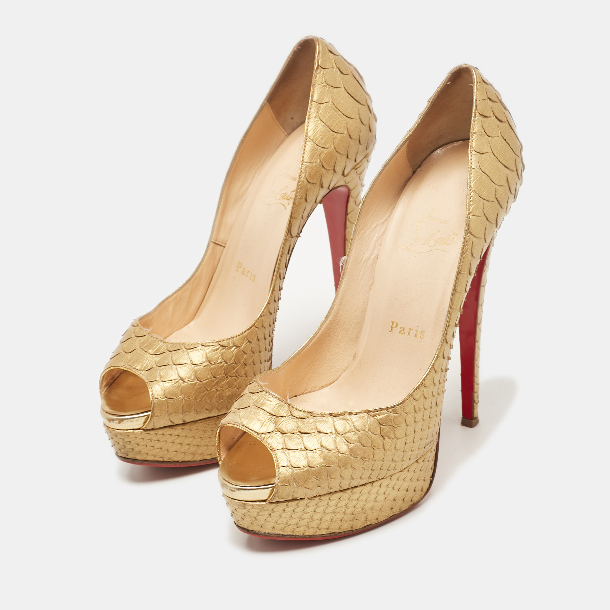 Christian Louboutin Gold Python Lady Peep Pumps Size 37