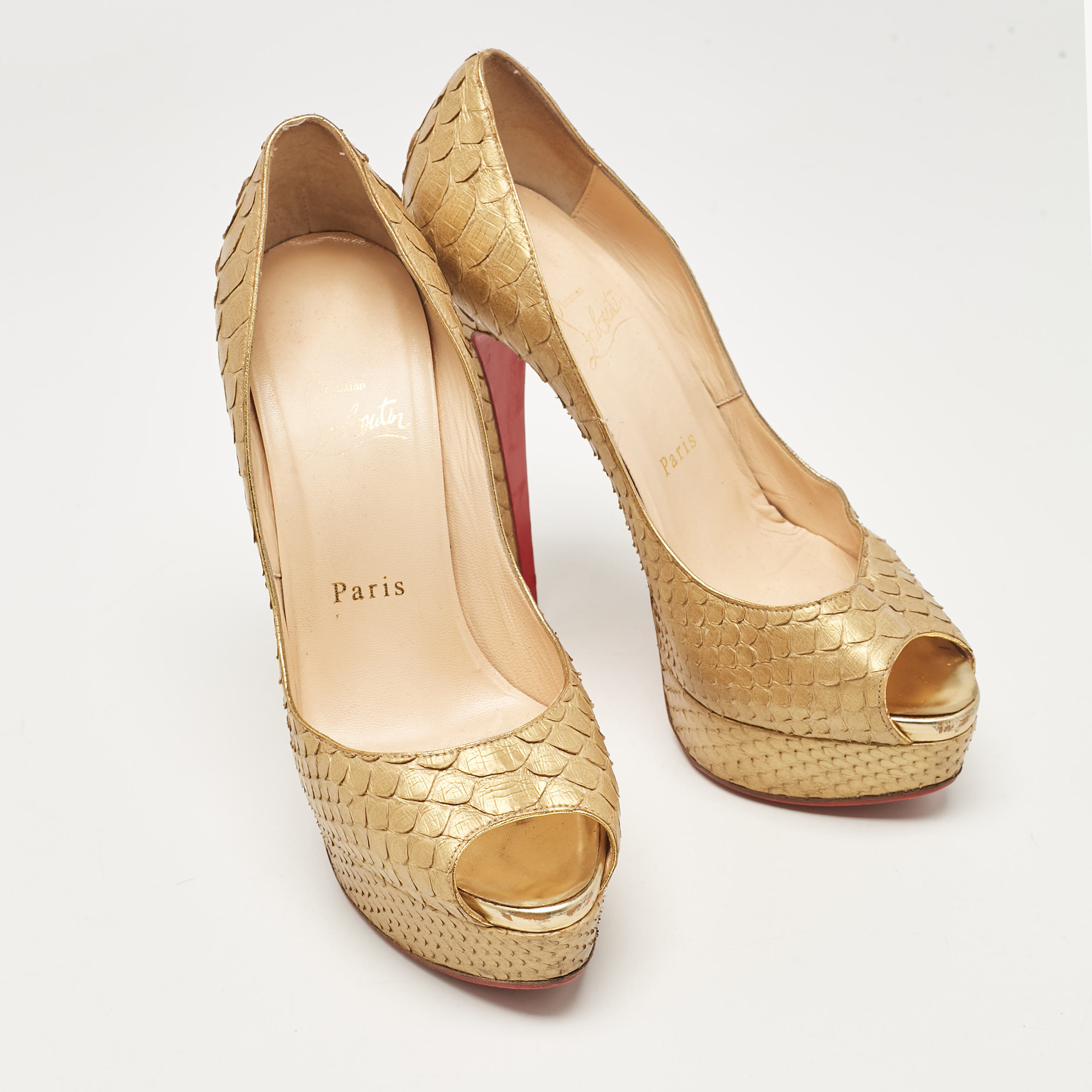 Christian Louboutin Gold Python Lady Peep Pumps Size 37