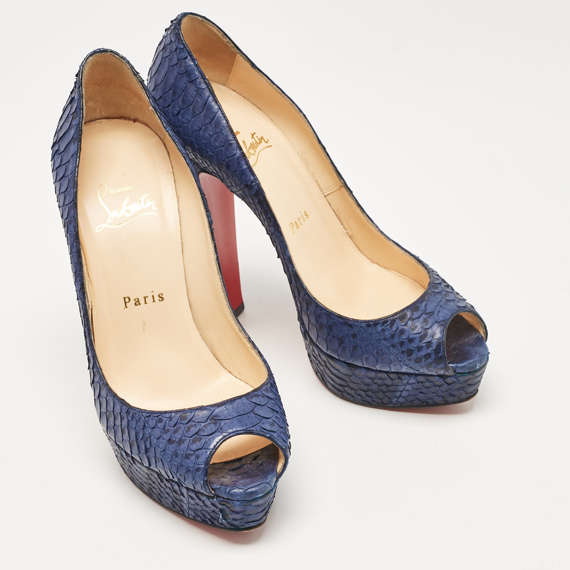 Christian Louboutin Blue Python Leather Lady Peep Peep Toe Pumps Size 37