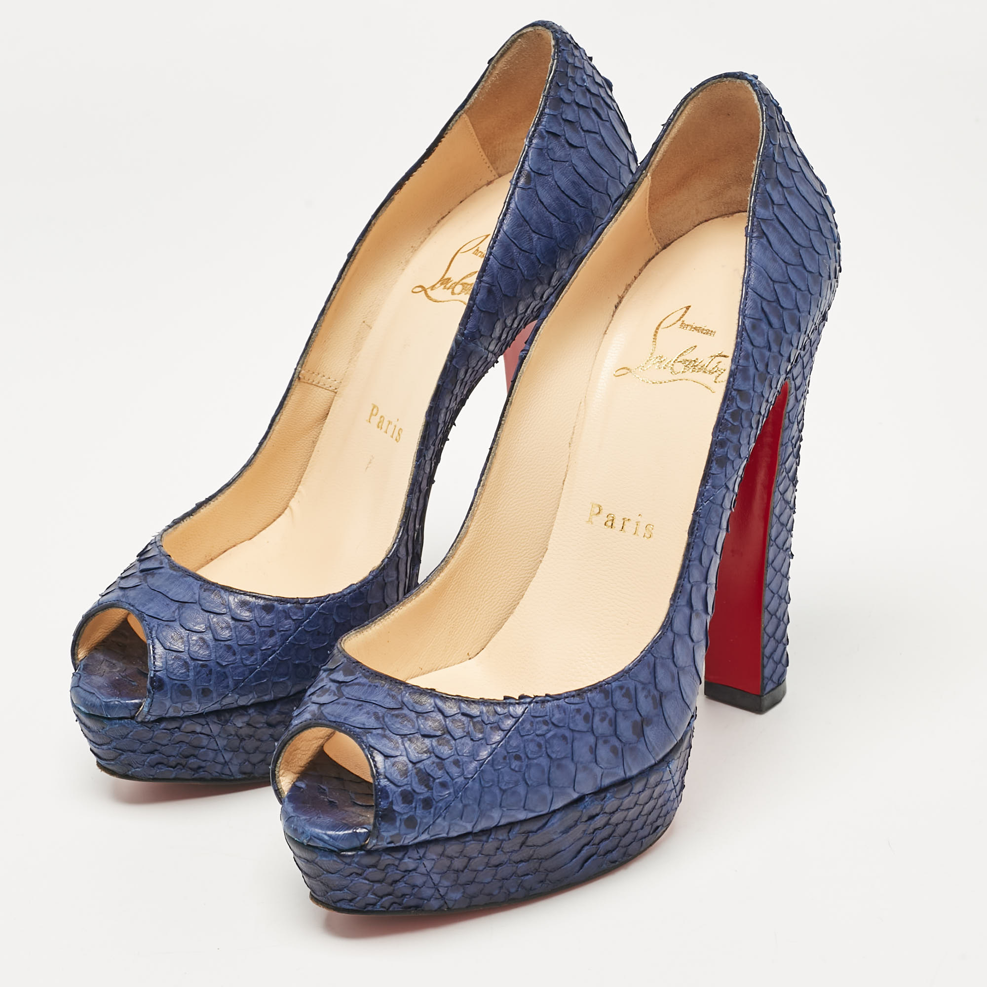 Christian Louboutin Blue Python Leather Lady Peep Peep Toe Pumps Size 37